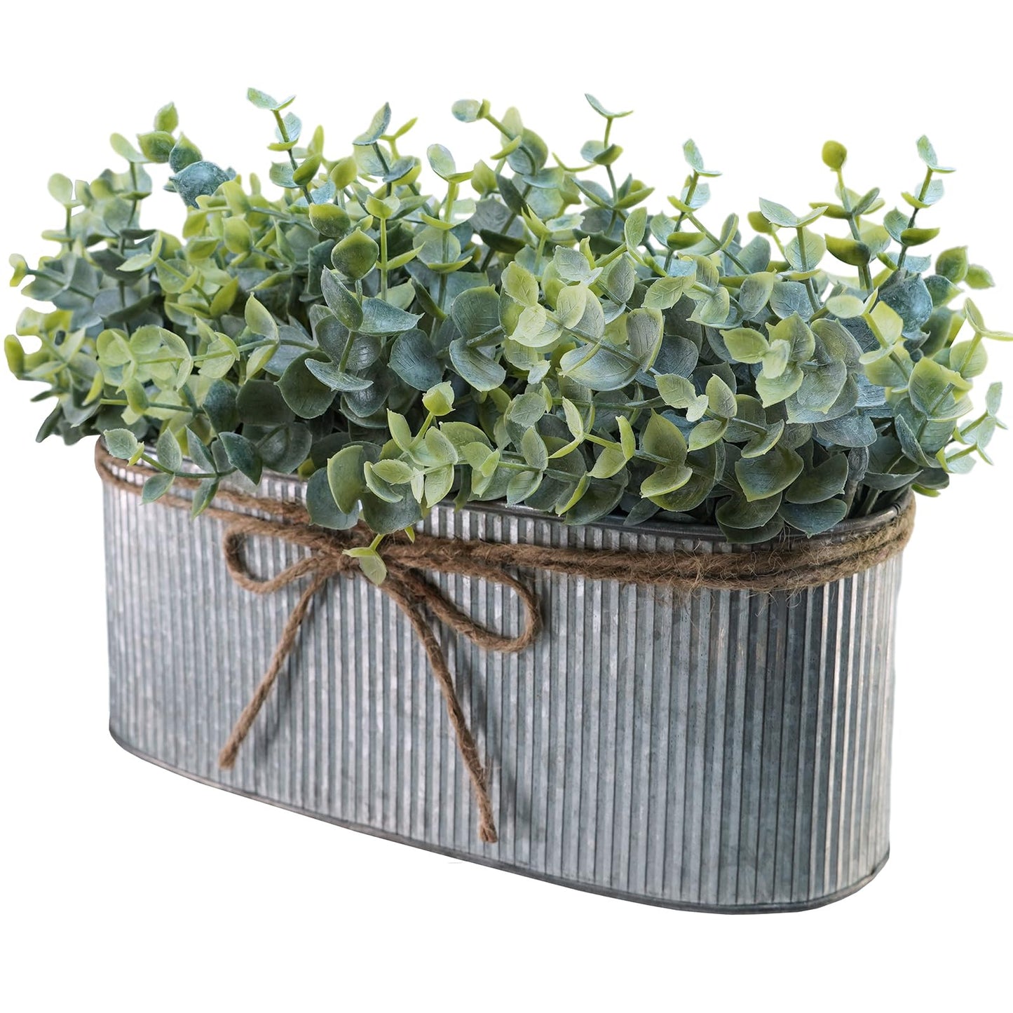 Winlyn Artificial Eucalyptus Arrangement in Rustic Oval Galvanized Metal Planter Box Faux Eucalyptus Bush Greenery Potted Plants for Farmhouse Indoor Home Office Table Centerpiece Kitchen Décor