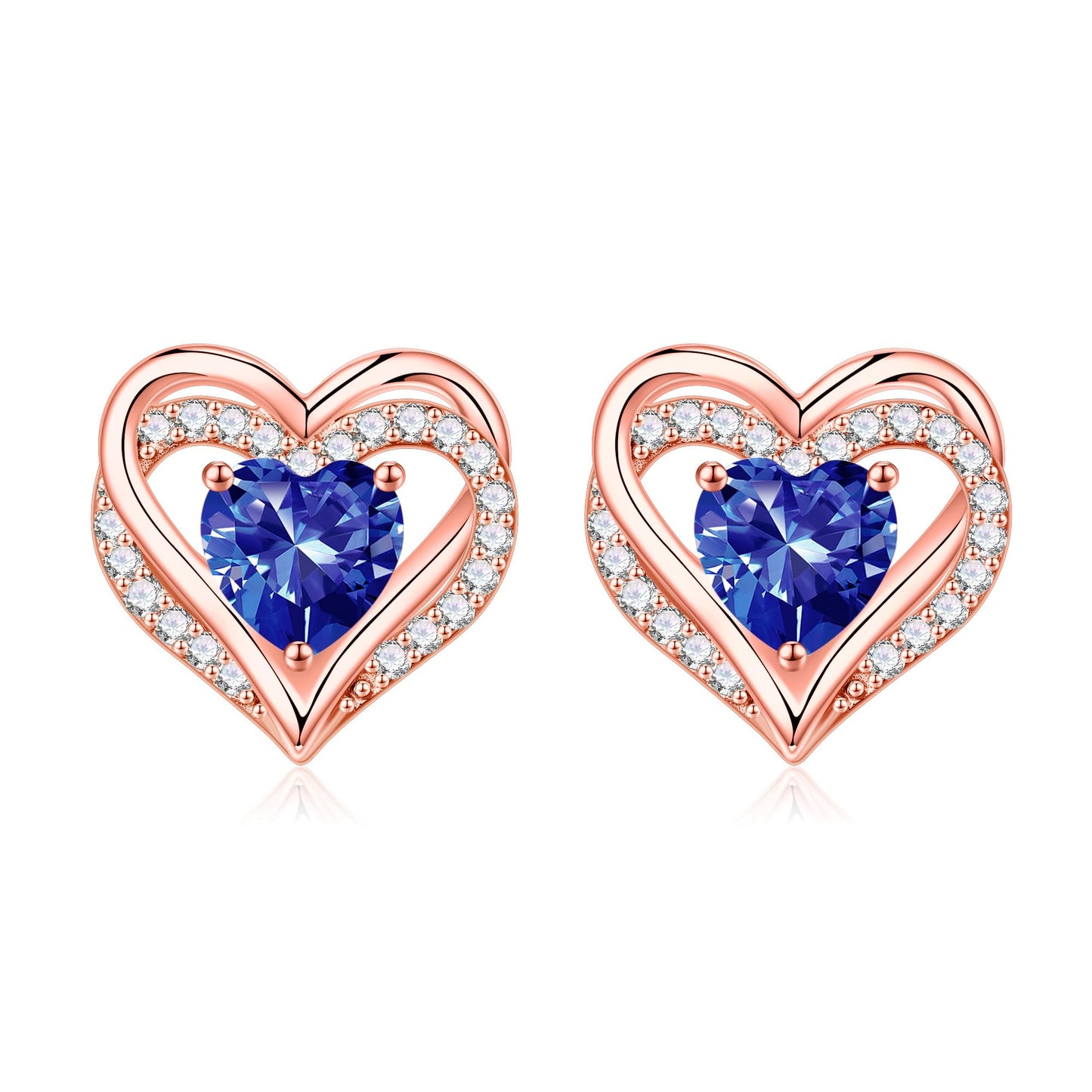 Iefil Rose-Gold-Plated Heart Earrings for Women, December Birthstone Blue Tanzanite Heart Stud Earrings for Women
