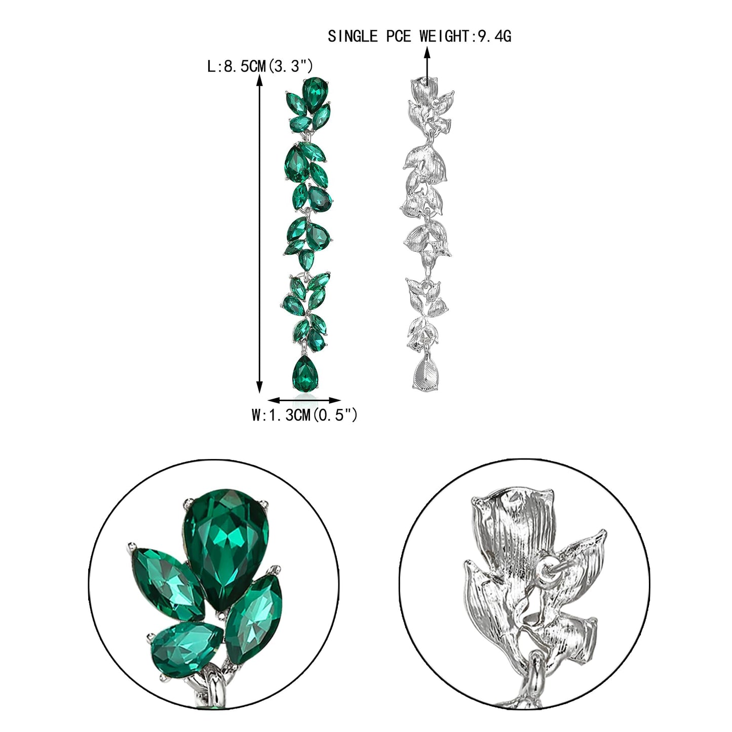 EVER FAITH Wedding Rhinestone Crystal Chandelier Dangle Earring for Women Brides, Art Deco Marquise Teardrop Bridal Long Drop Earrings for Prom Green Silver-Plated-Base