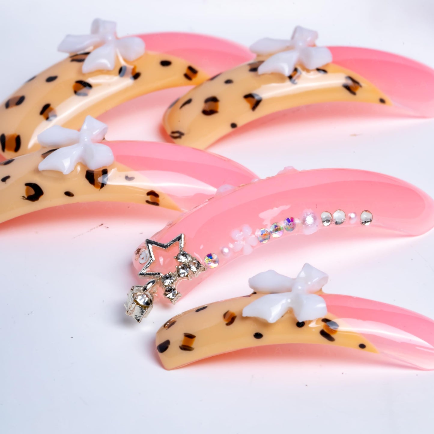 IntoVibes 10 Pieces Handmade Luxury Long Press On Nails With Curved Design, Bowknot And Leopard Prints, Pink Thickened False Nails, Reusable Fake Nails, Square Acrylic Nails (L)