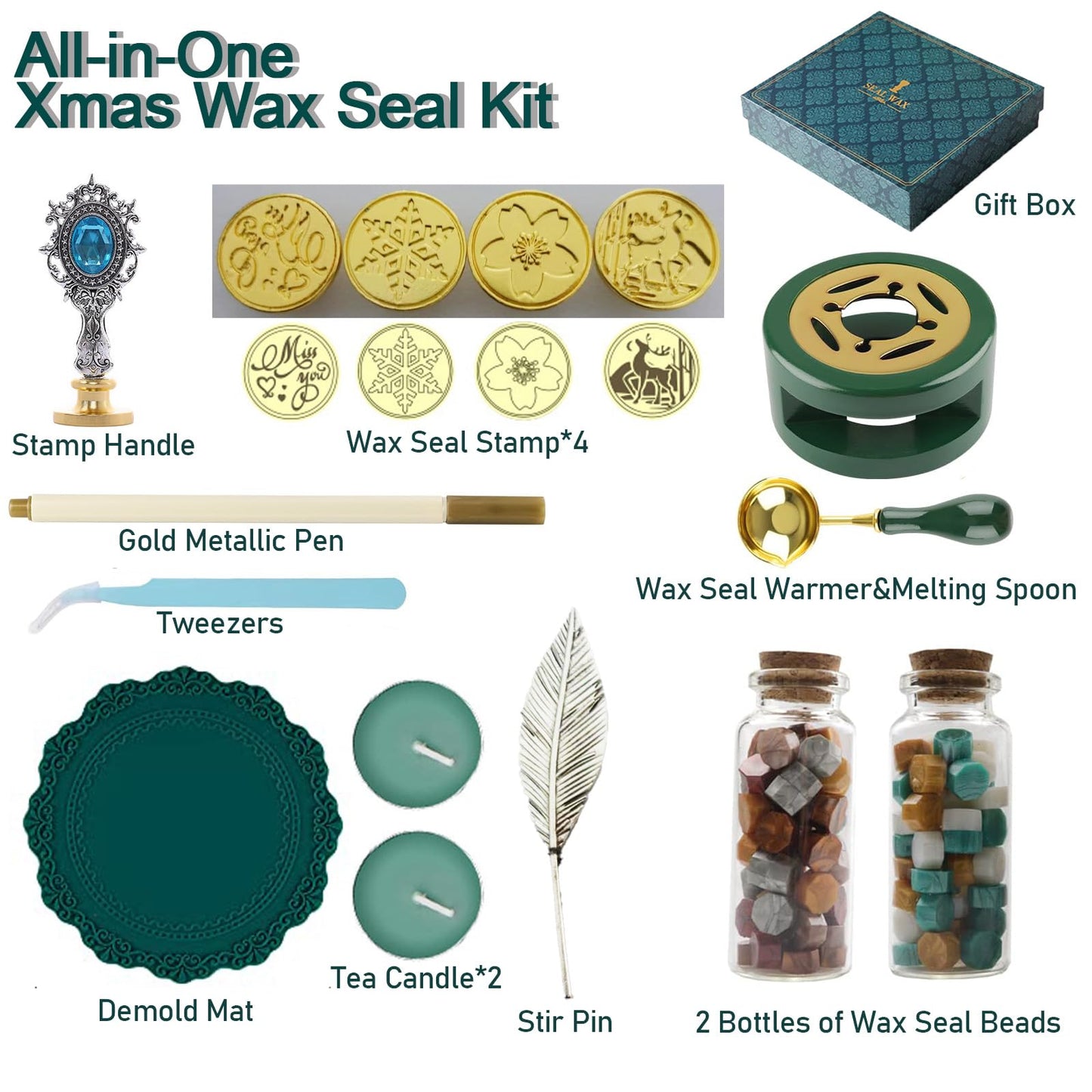 FireBee Wax Seal Kit with Gift Box, 4 Sealing Wax Stamps with Seal Beads, Demold Mat, Stir Pin, Tweezers, Warmer with Melting Spoon Set for Wedding Invitations, Wine Packages, Envelopes