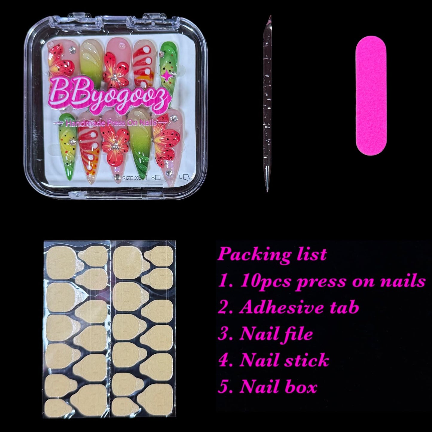 Handmade Press On Nails, Stiletto Shape, 3D Floral Botanical Muse Art, Vibrant Multi-Color Design, Thick Acrylic Fake Nails Set Tropical (L)