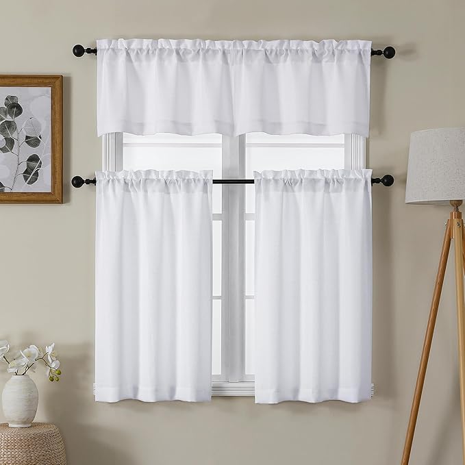 Chyhomenyc White Faux Linen Slub Textured Semi Sheer Small Window Kitchen Valance Curtain, Rod Pocket Cafe Valance for Bathroom Laundry Basement, 30Wx14L inch, 2 Piece