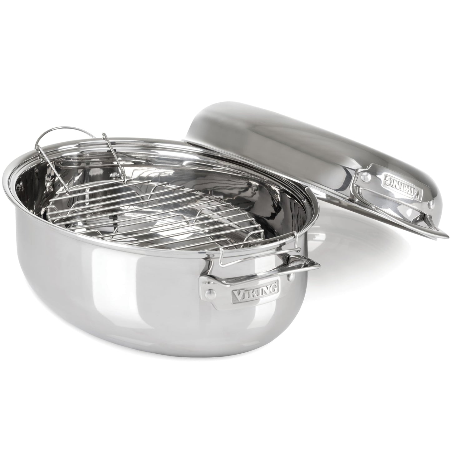 Viking 3-Ply Oval Roasting Pan, 8.5 Quart, Stainless Steel Kitchen Cookware with Metal Induction Lid and Rack, Great for Turkey, Dishwasher and Oven Safe, Silver