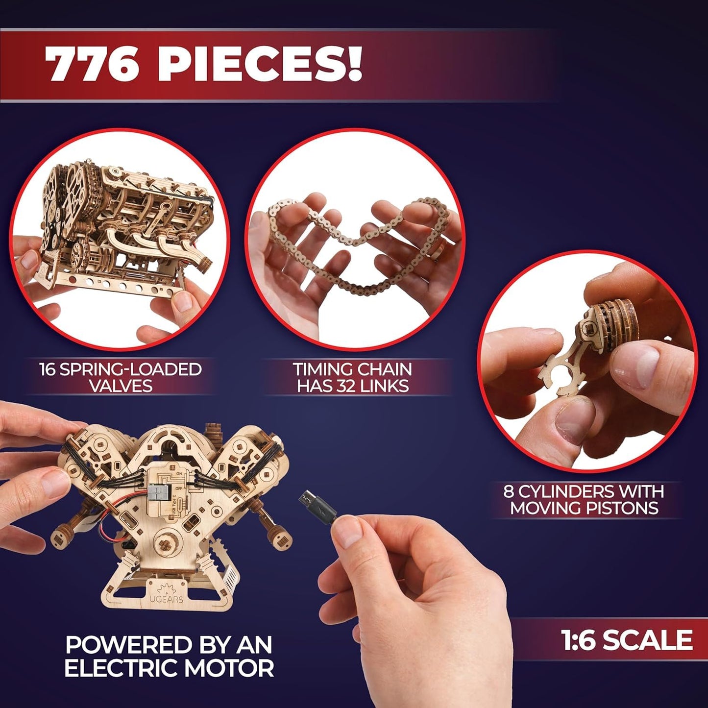 UGEARS V8 Engine Model Kit - 3D Wooden Puzzles for Adults, 3D Puzzle Model Engine Kit, DIY Kits Gifts for Engineers for Christmas, Wooden Model Kits for Adults to Build, Brain Teaser Hobby Set