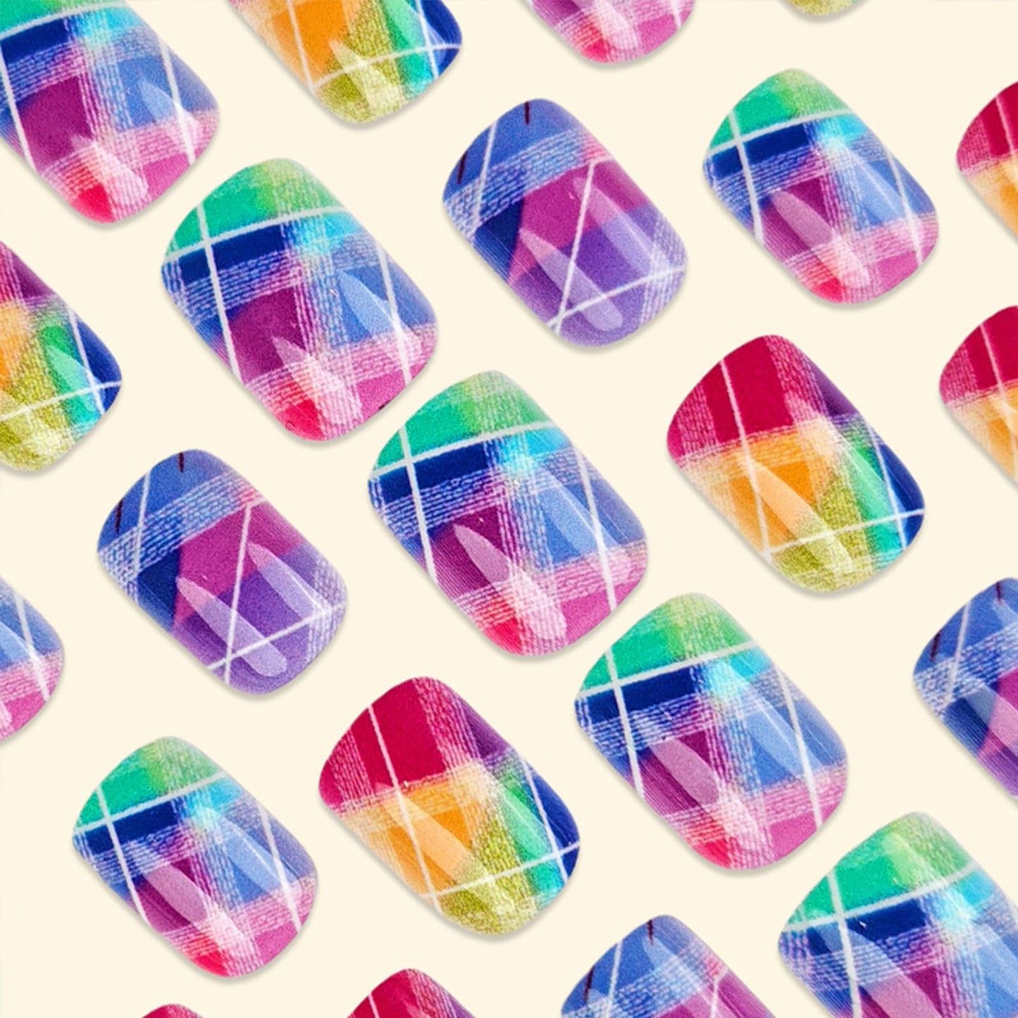 Rainbow Checkered Press on Nails Short Square Gradient Fake Nails with Designs 24Pcs Spring Summer False Nails Press ons Glossy Stick on Nail Reusable Artificial Glue on Nails for Women
