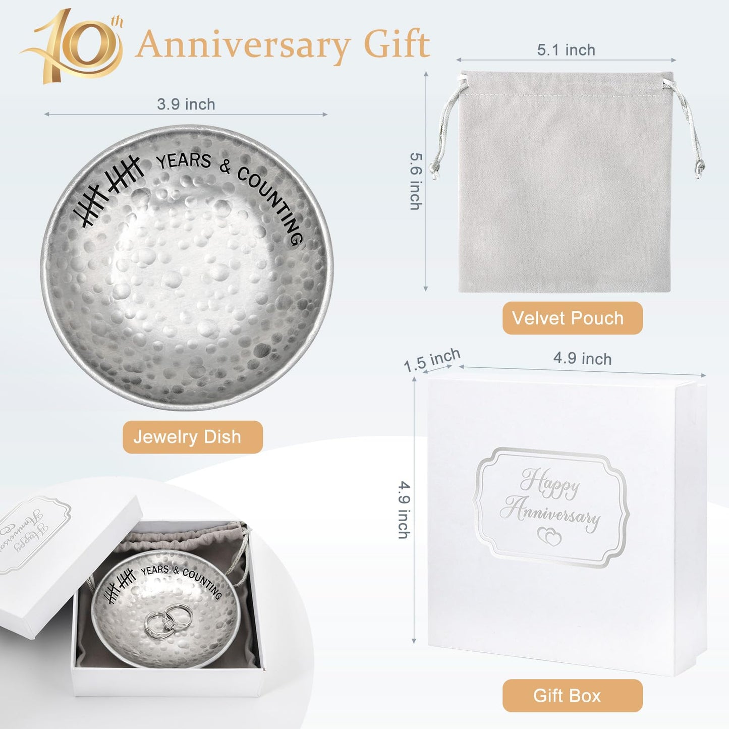 CEELGON 10 Year Wedding Anniversary Tin Gifts - 4" Tin Jewelry Tray Engraved Aluminum Decorative Dish for Couple