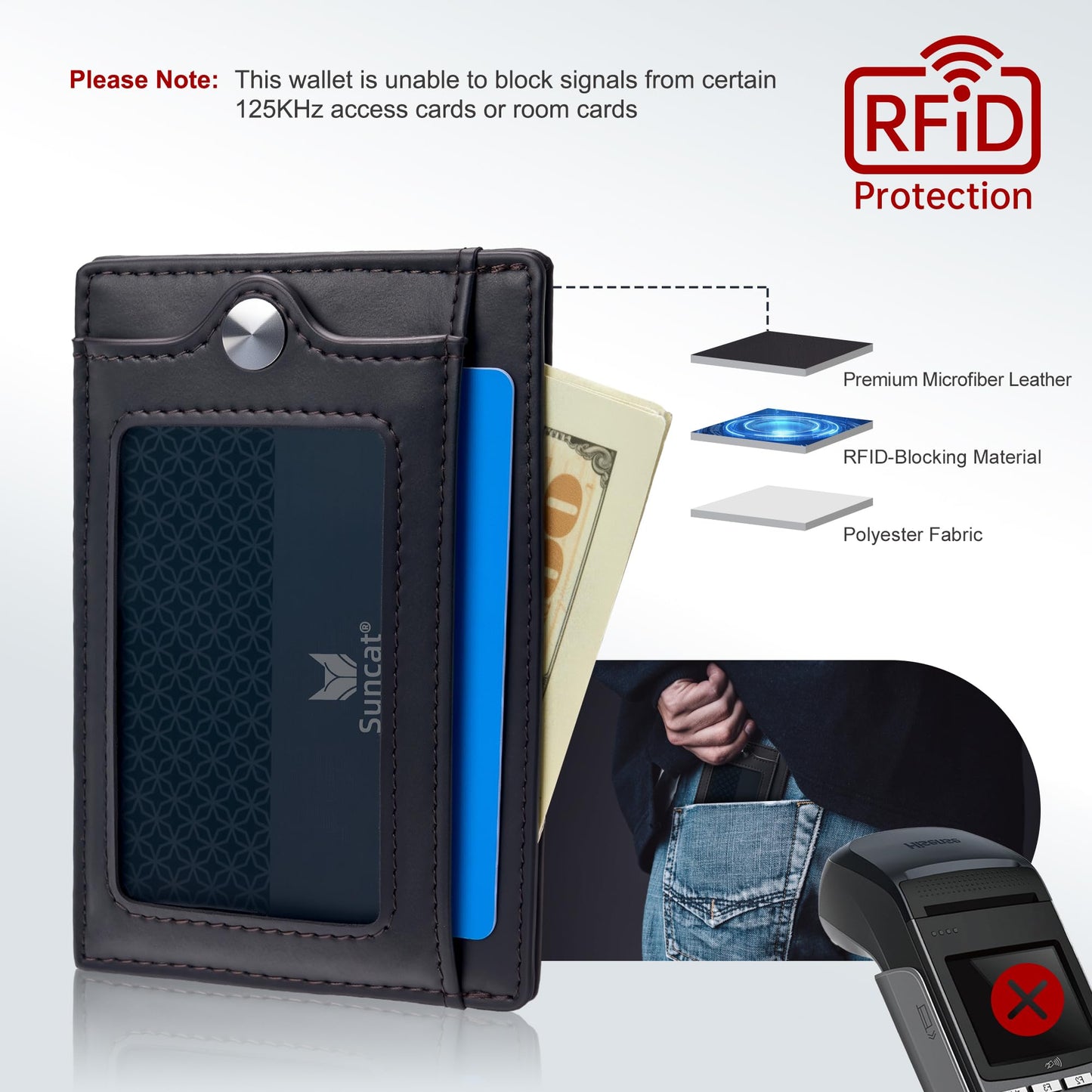 Suncat Wallet Tracker Card with Slim RFID Blocking Wallet, Apple MFi Certified (iOS Only), Waterproof Bluetooth Finder for Keys, Bags, Passport, Compatible with Apple Find My, Gifts for Men Women