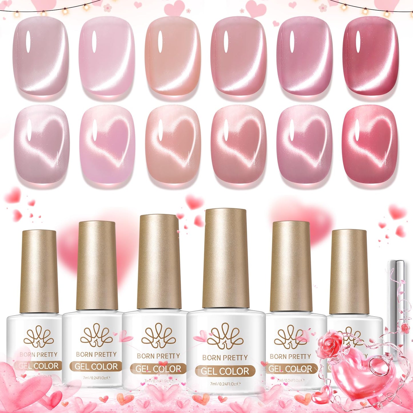 Born Pretty Pink Cat Magnetic Eye Gel Nail Polish,6 Colors Jelly Nude Light Pink Glass Crystal Glitter Shimmer Magnetic Gel Polish, Soak Off U V Gels Valentine's Day Manicure Collection