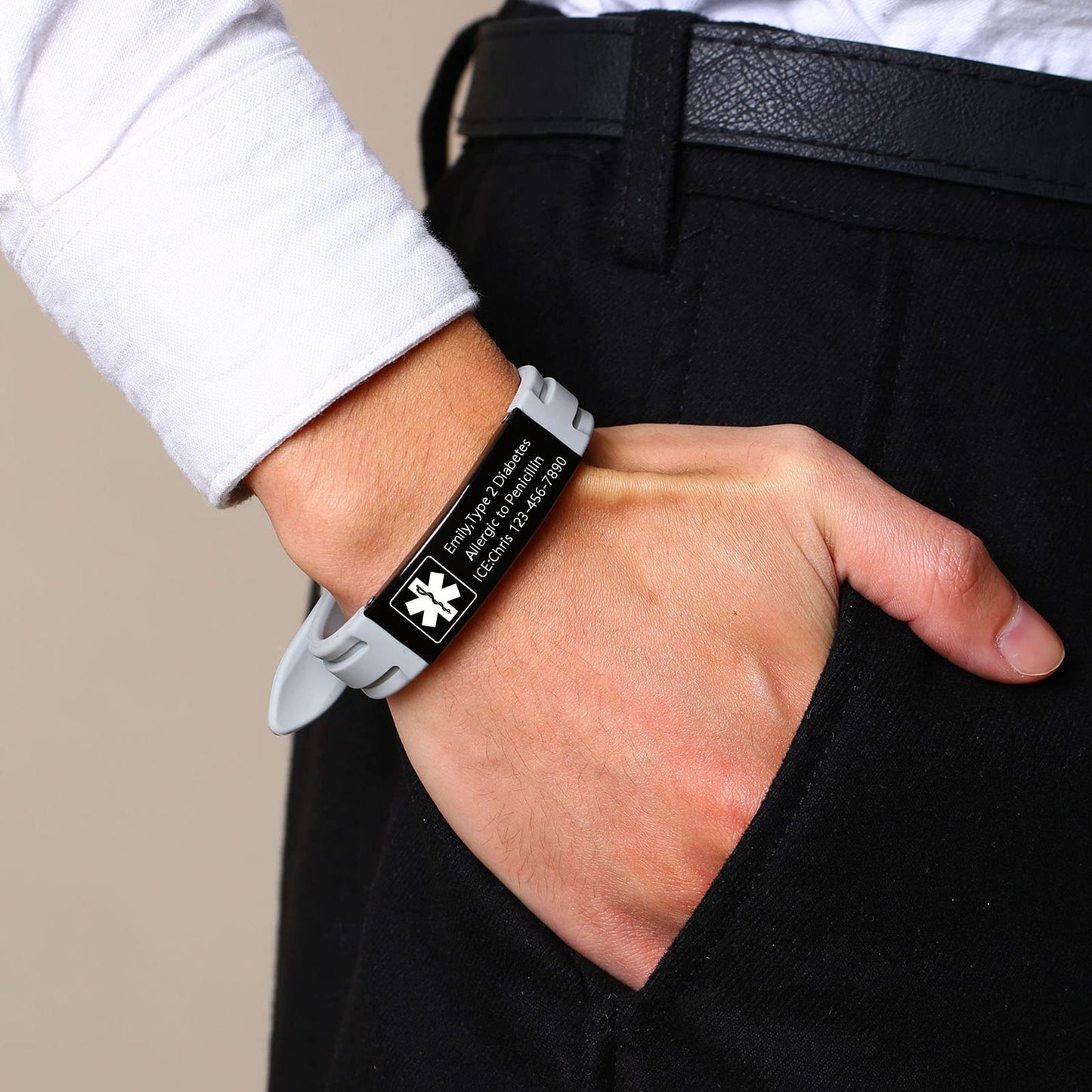 VNOX Customize Emergency Jewelry Medical Alert ID Grey Silicone Stainless Steel Adjustable Bracelet