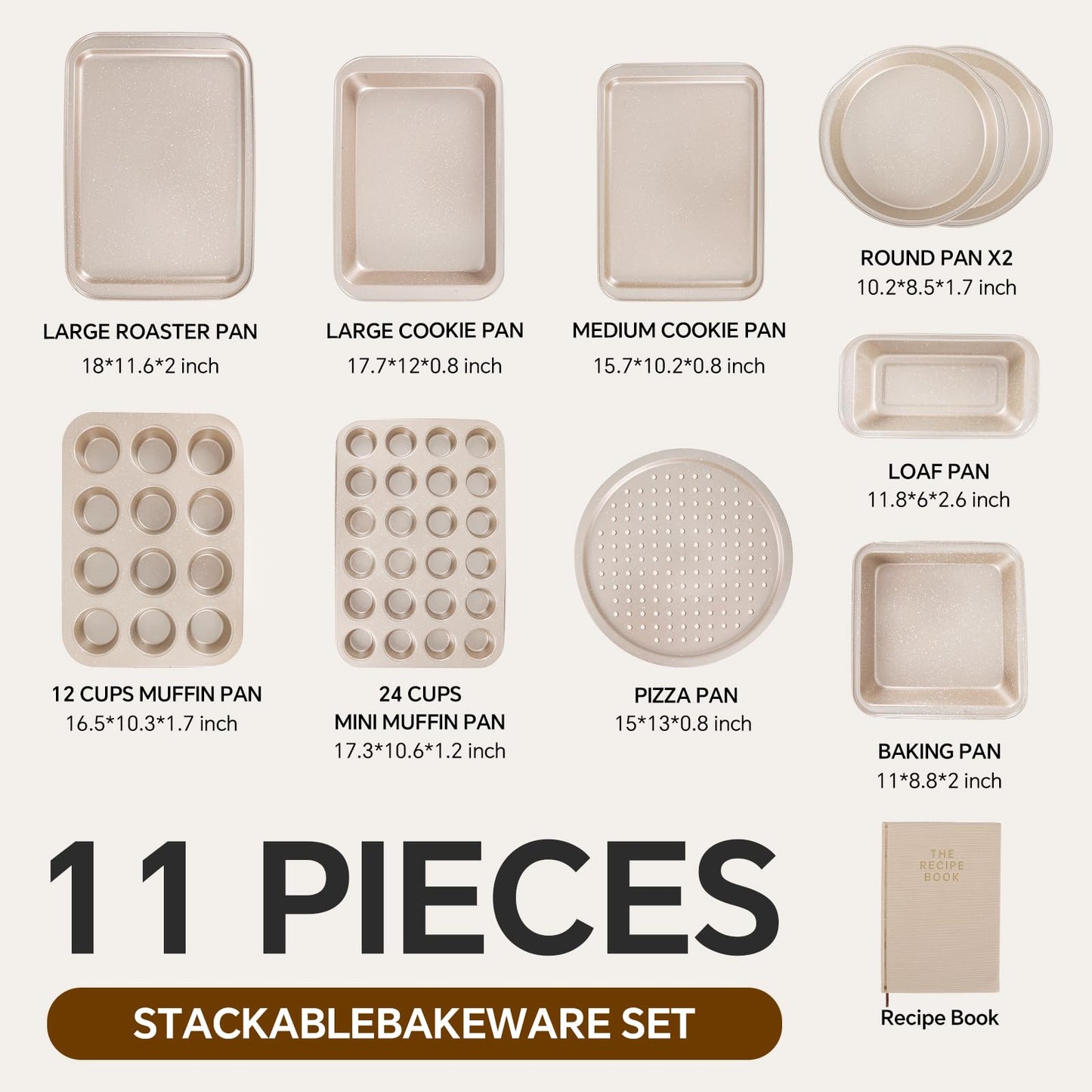 FLAREFX 11 Piece Baking Set | Nonstick & Non Toxic Bakeware Sets Baking Pans Set | Carbon Steel Baking Supplies Include Notebook, Cookie Sheets, Roasting Pan, Muffin Pan, Cake Pan, Pizza Pan, Loaf Pan