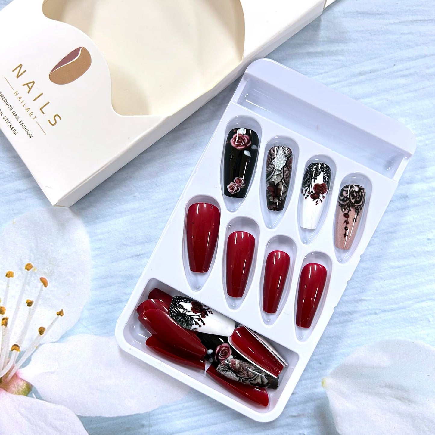24Pcs Flower False Nails Red Press on Nails Medium Rose Flower Design Glossy Acrylic Nails Black Lace Fake Nails Valentine's Coffin Nails Heart Stick on Nails Full Cover Glue on Nails for Women