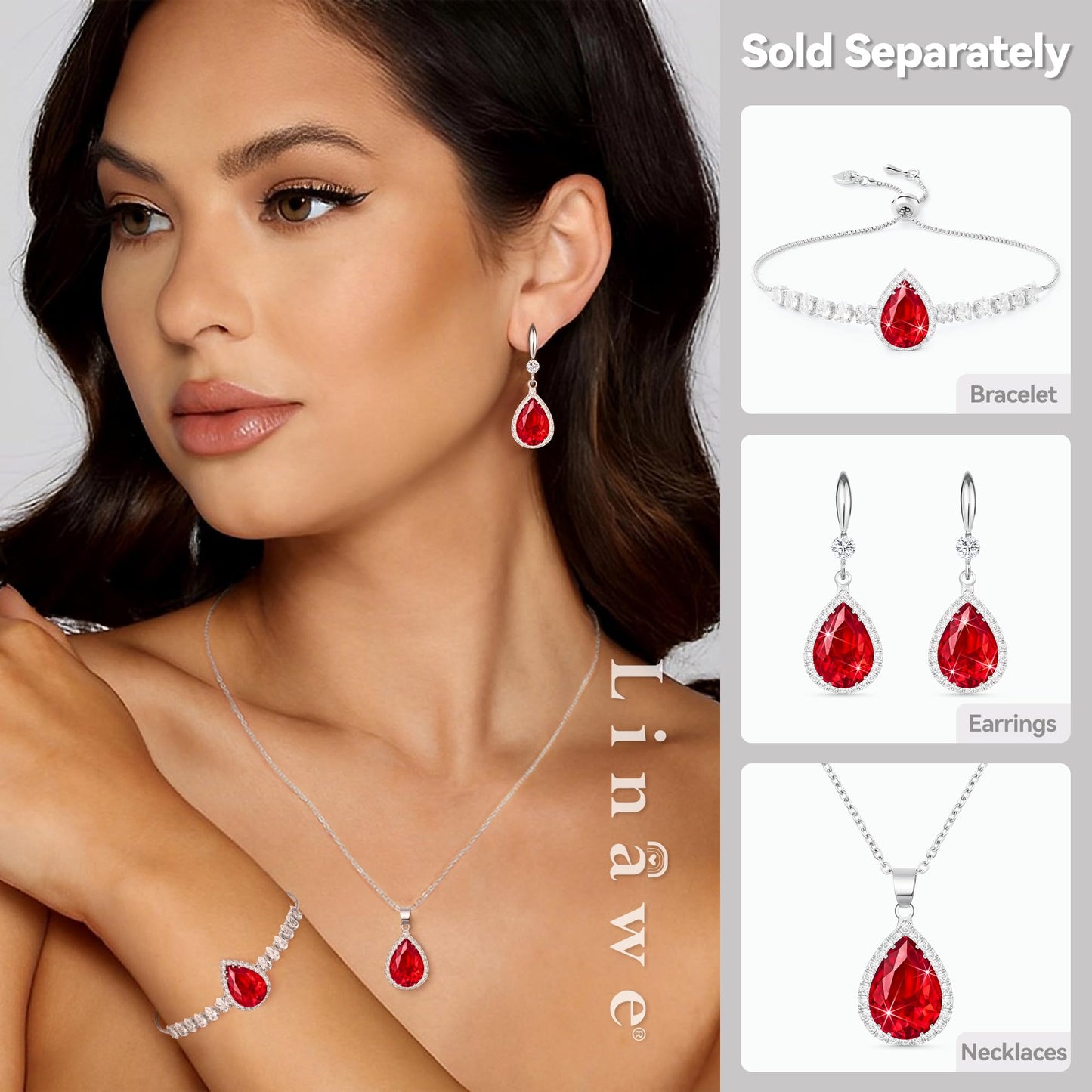 Linawe Red Crystal Ruby Pendant Silver Chain Necklace for Women Trendy, Imitation Diamond Boho Jewelry Set, Cubic Zirconia Birthstone Teardrop Rhinestone Preppy Necklace