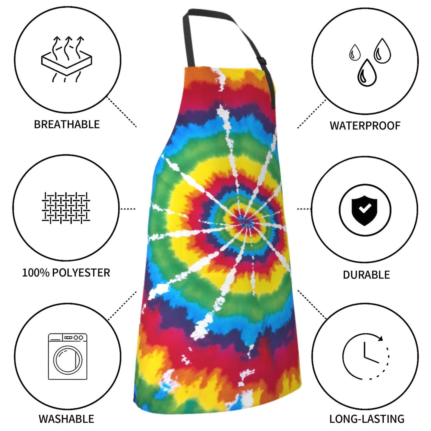 Abucaky Rainbow Tie Dye Waterproof Apron For Adults Colorful Tie-Dye Chef Bib With 2 Pockets For Kitchen Bbq Crafting Drawing