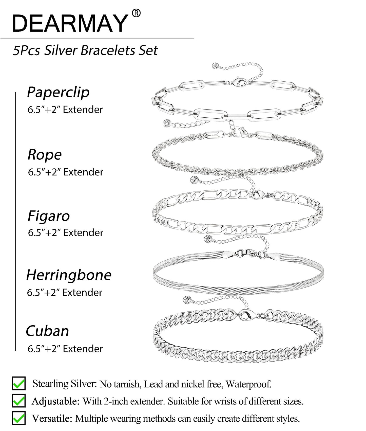 DEARMAY Silver Plated Chain Bracelets for Women Trendy Silver Jewelry Set Cuban Link Bracelets Figaro Paperclip Rope Herringbone Bracelet Pack Gifts