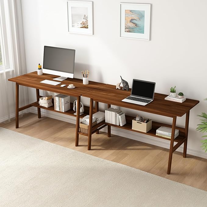 2-Person Writing Desk with Bookshelf - 94" Wooden Extra Long Home Office Work Table, Double Study Computer Workstation with Storage Shelves in Walnut, 94" W x 24" D