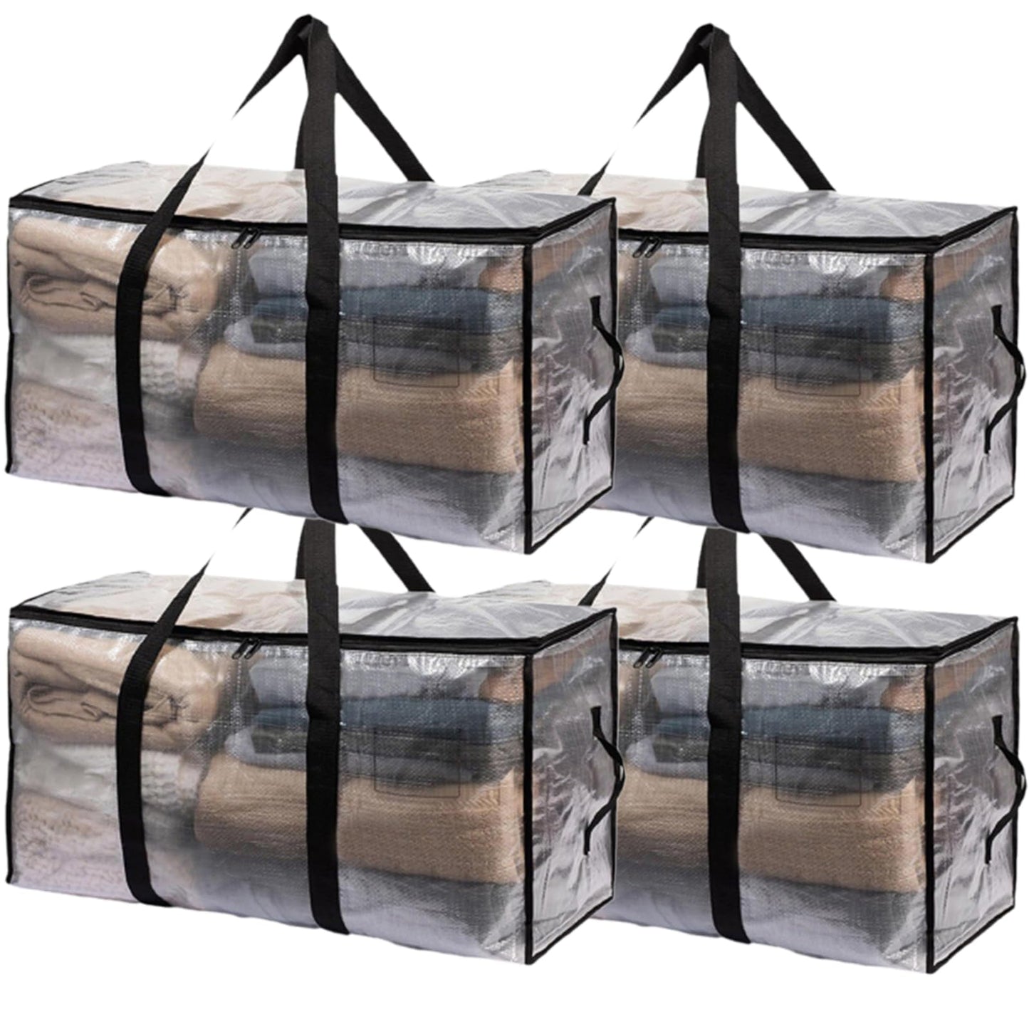 4-Packs Extra Large Heavy Duty Moving Bags, Waterproof Storage Totes with Handles & Zippers Storage Bags Totes for Clothes Packing, Dorms, College Supplies, Space Saving, Clear