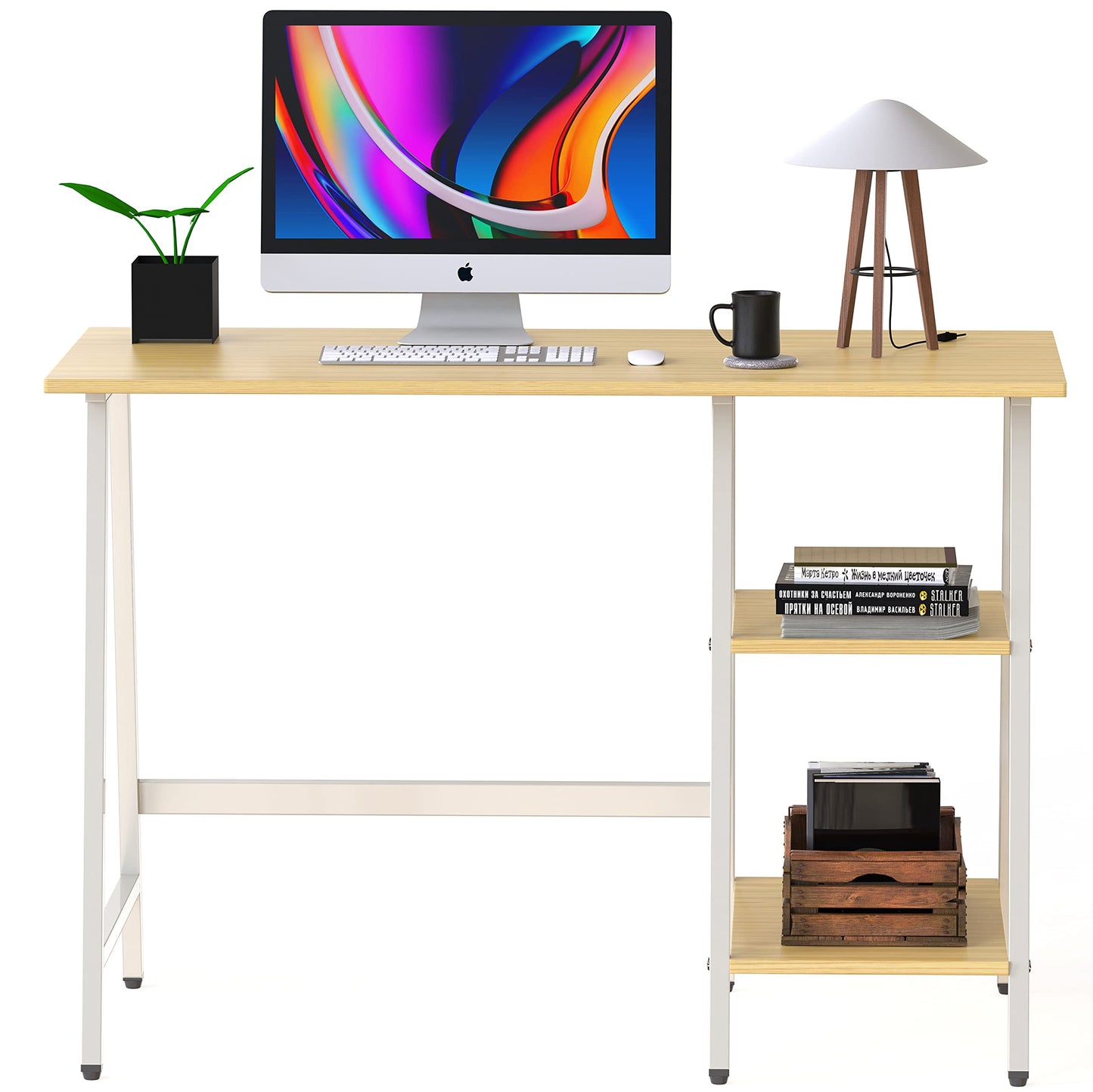SHW 43-Inch Home Office Trestle Computer Desk with Open Storage Shelves, Oak