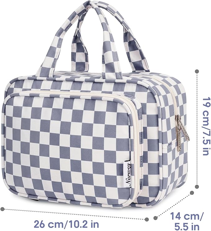 Narwey Large Travel Toiletry Bag for Traveling Women, Cosmetic Makeup Bag Make Up Organizer, Checkered Travel Bag for Toiletries with Handle (Grayish Blue Checkerboard)