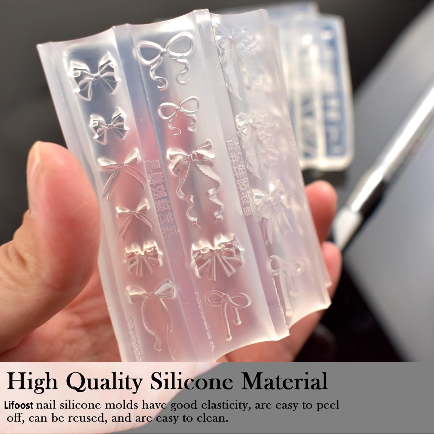 4pcs Silicone Nail Art Molds 3D Multiple Shapes Flowers Ribbon Lace Bows Bunny Butterfly Charm Molds with Carving Pen Clear Modeling Templates Manicure Tools for DIY Salon Nail Design