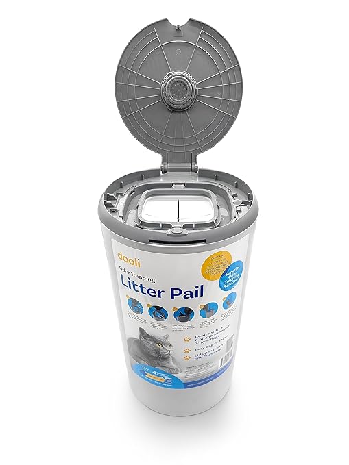 dooli Odor Trapping Litter Pail – Odorless Cat Litter Pail with Lid & 6 Month Supply of Refill Bags and Scooper– One-Finger Tap Lid Opening