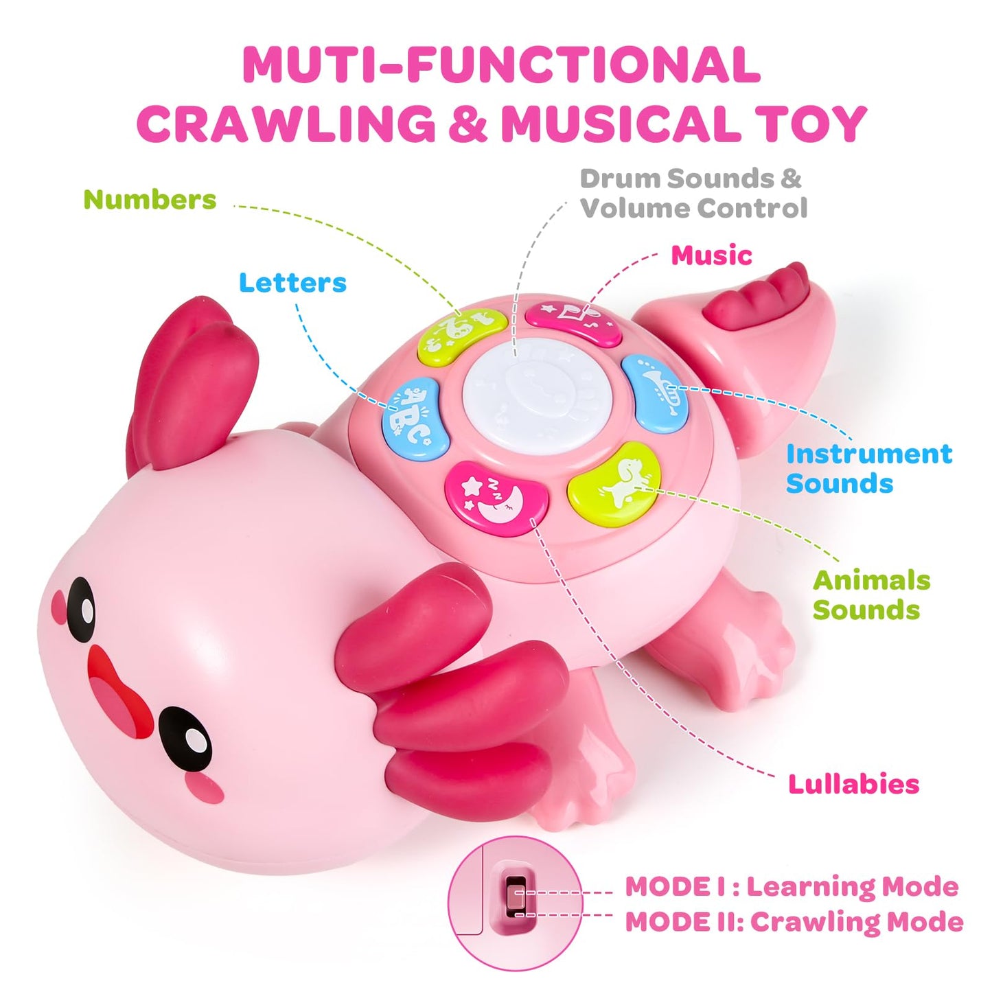 Baby Crawling Toy 6-12 Months, Tummy Time Musical Light-Up Axolotl Toy with Obstacle Avoidance, Interactive Early Educational Learning Toys for Infants 6-9-12 Months, Gift for 1 Year Old Boy Girl