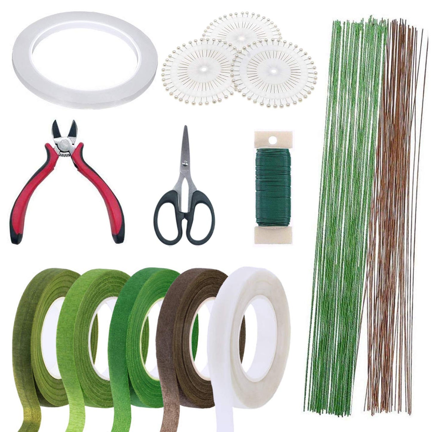 Floral Arrangement Tool Kit, Woohome 2 Style Tape Stem Wrap, 2 Style Floral Wire, Wire Cutter, Scissors and Head Pins for Wedding Bouquet DIY