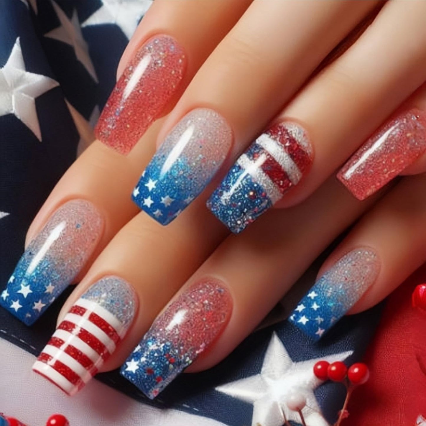 July 4th Press on Nails Medium Square Stars Stripes Design Independence Day False Nails Blue Glitter Powder Gradient Acrylic Nail Full Cover Patriotic Stick on Nail Holiday Glue on Nail for Women