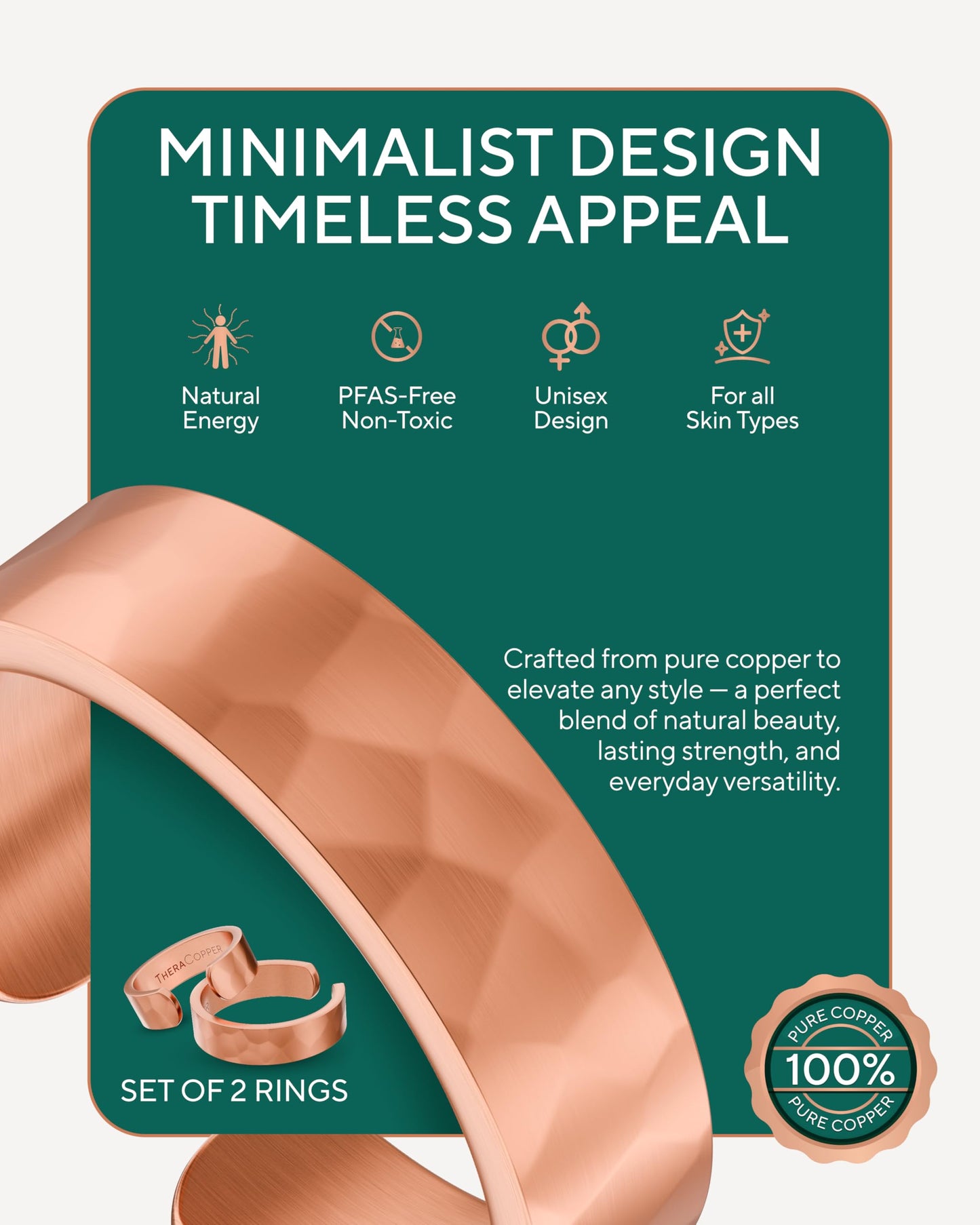 TheraCopper Pure Copper Rings for Women & Men (2-Pack) — 100% Pure Copper Ring — Raw, Solid & Uncoated Authentic Handmade Open-End Adjustable Ayurvedic Jewelry Rings (6mm Hammered)