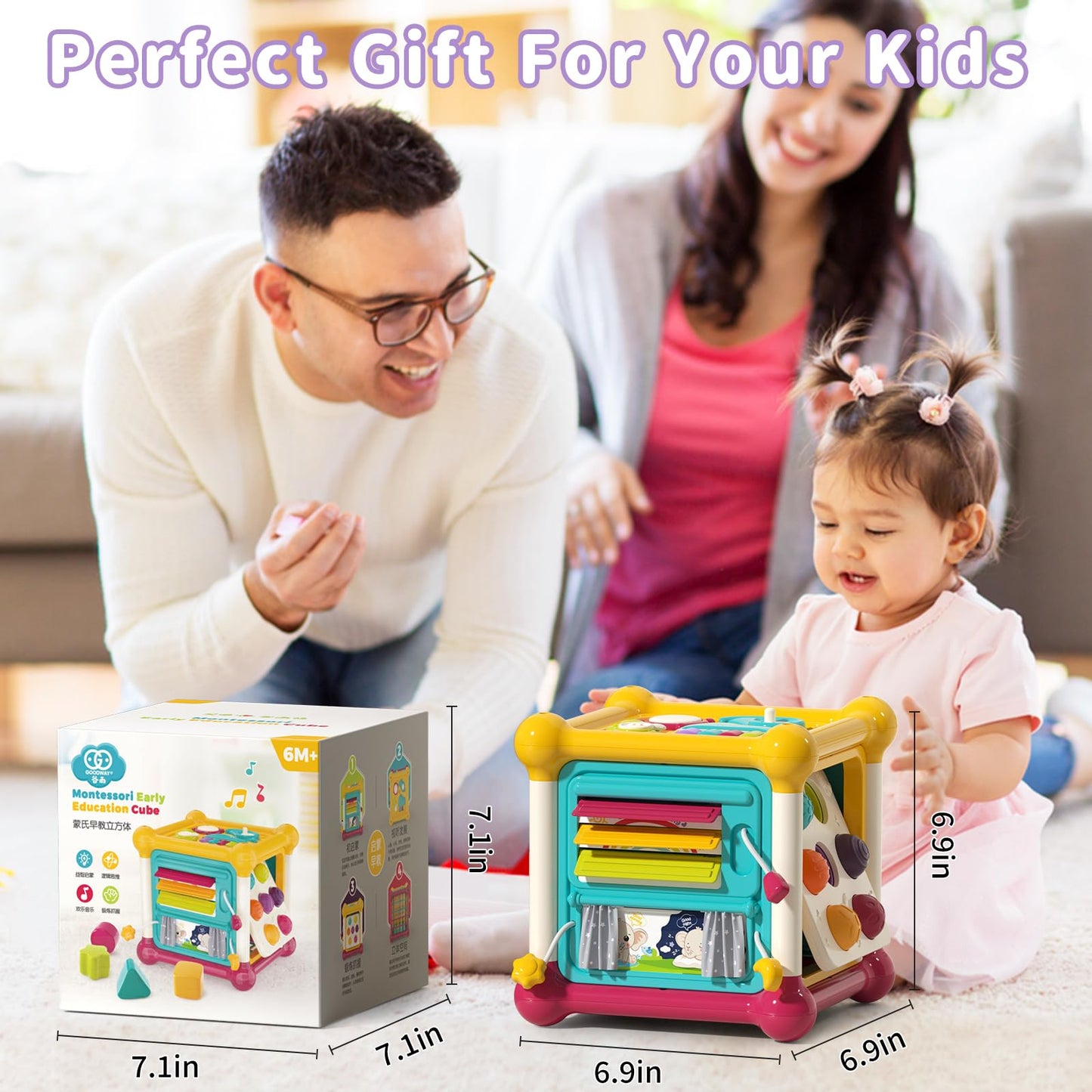 PANITU Baby Activity Cube, 6-in-1 Educational Early Development Toy with 4 Sensory Shape Blocks, Music Busy Board, Montessori Toys for 1 2 Year Old, Birthday Gift for 1 Year Old