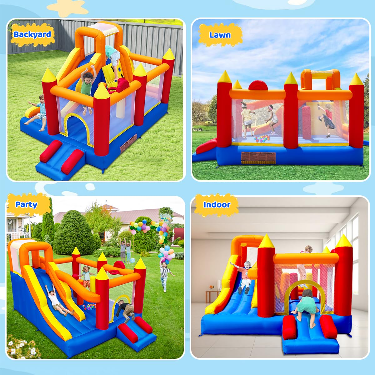 Baralir Inflatable Bounce House with 8.98 * 4.82 Ft Oversized Jump Area, 88'' Extra-Long Slide Kids Bounce House with Climbing Wall, Obstacle Poles & Hoop- Durable & Safe Backyard Fun for Kids