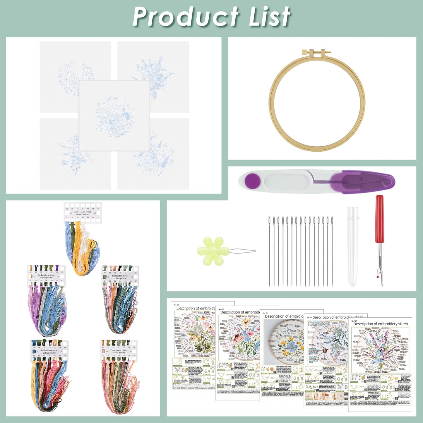 ERKOON Embroidery Kit for Beginners, 5 Sets Flower Cross Stitch Set for Adults Include Embroidery Cloth Hoops Threads for Craft Lover Hand Stitch with Skill Techniques (Flower)