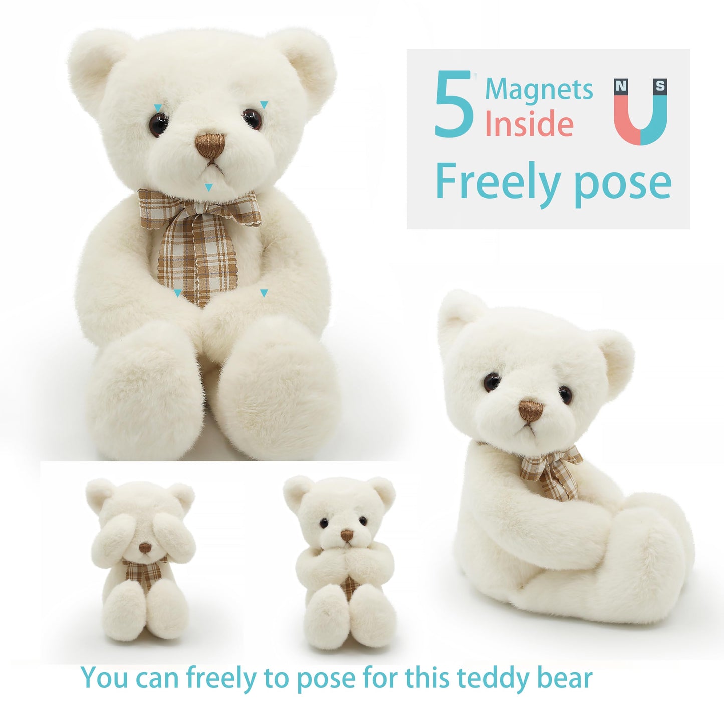 suepcuddly Small Magnet Teddy Bear Stuffed Animal Cute Plush Toy for Girl 12" (White)