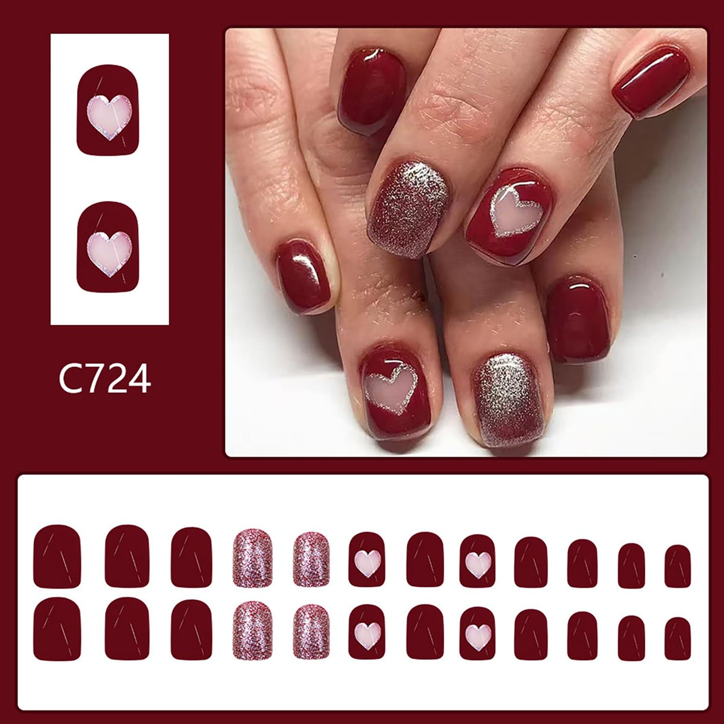 Wine Red Love Heart Valentine's Fake Nails Glitter Powder Design Full Cover Coffin Nails Glossy Press on Nails Short Square Artificial Nails Valentines Charm Stick on Nails for Women 24Pcs