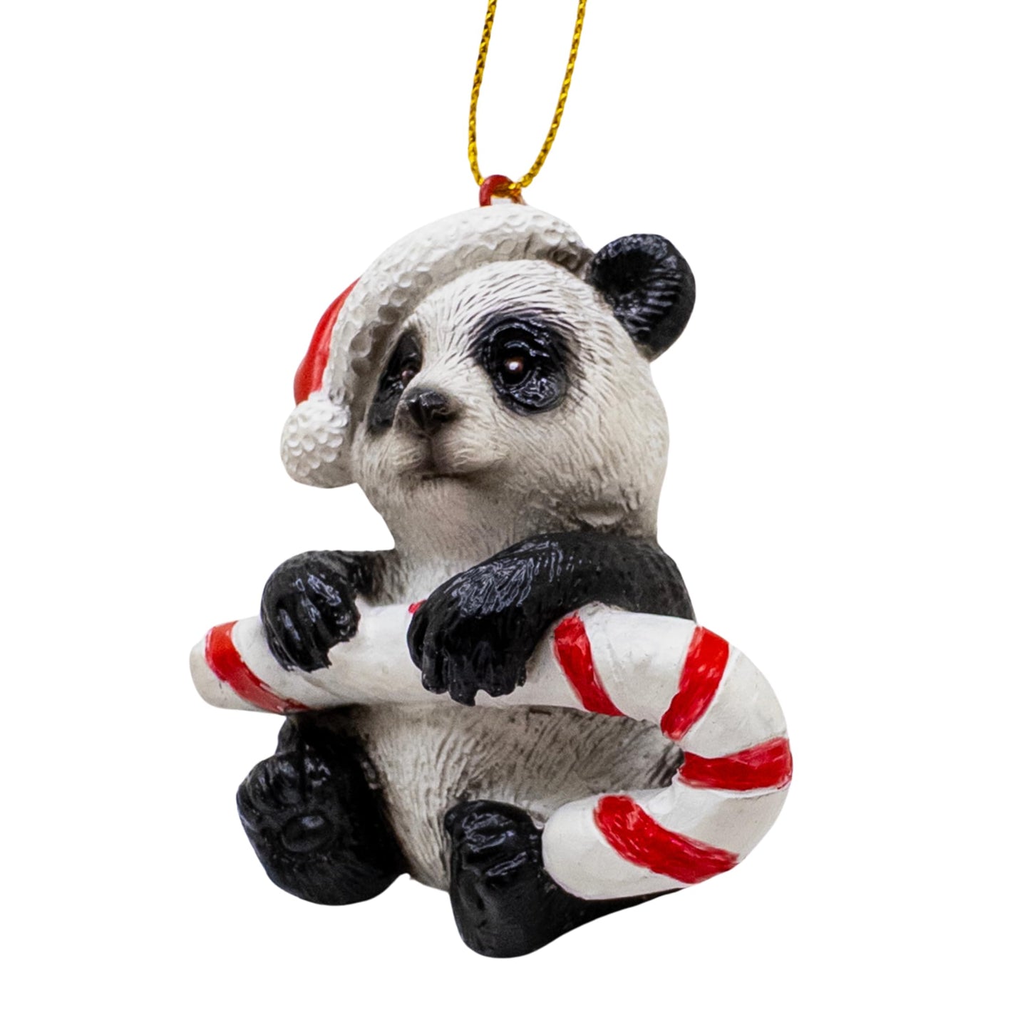 Panda Bear Holding Candy Cane Wearing Santa Hat Christmas Tree Ornament