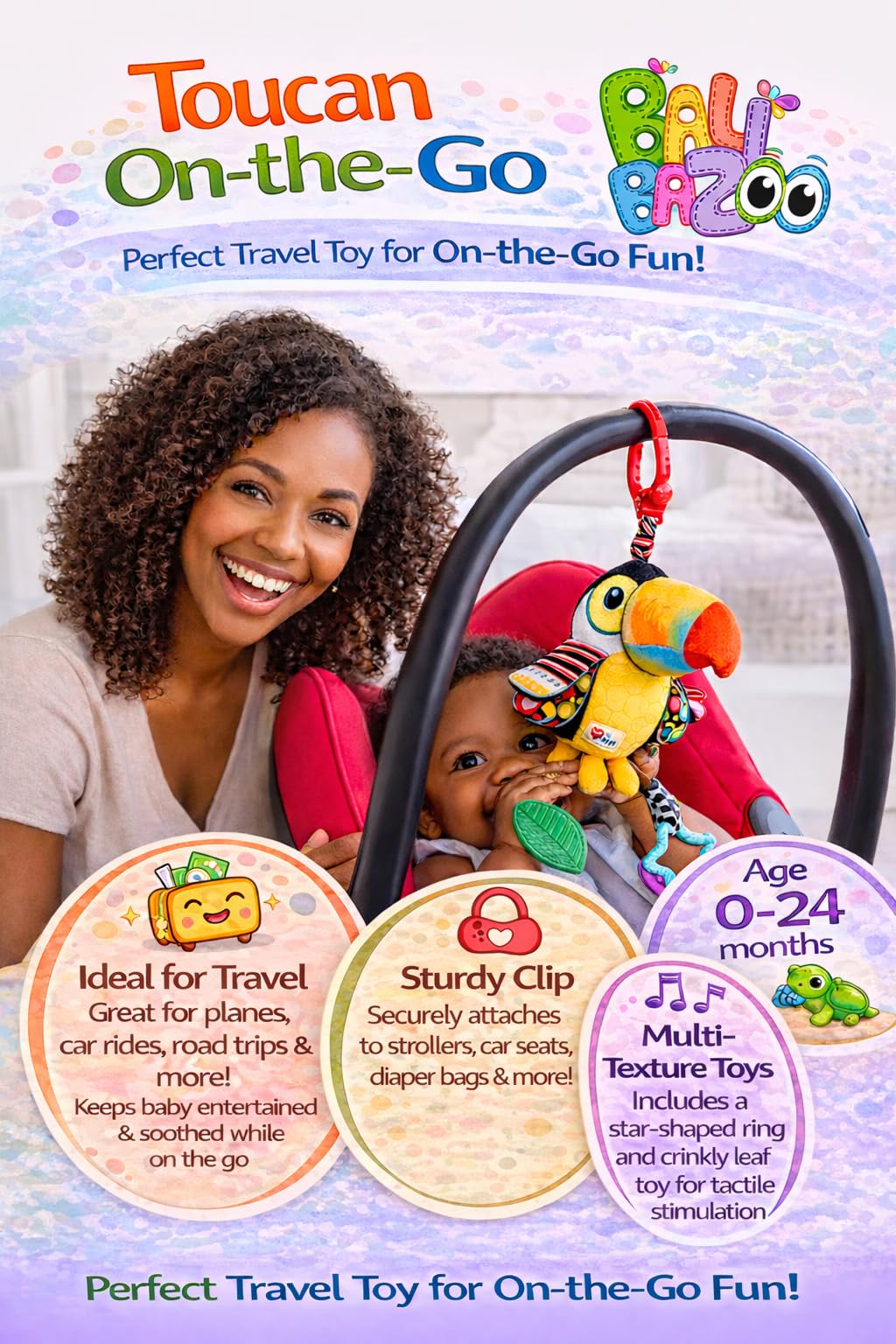 Balibazoo Toucan Hanging Baby Toy – Soft Plush Sensory Rattle with Crinkle Wings, Hidden Bell & BPA-Free Teether | Clip Attaches to Stroller, Car Seat, Gym | Developmental Toy for Babies 0-24M
