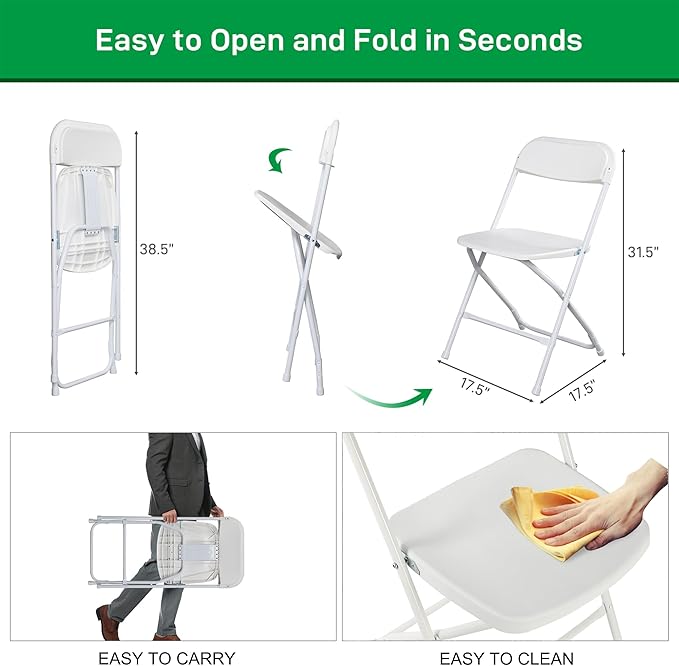 12 Pack White Plastic Folding Chairs, Portable Party Chairs, Stackable Commercial Seats with Steel Frame for Home Office Wedding Party Indoor Outdoor Events Chairs, 350lbs Capacity