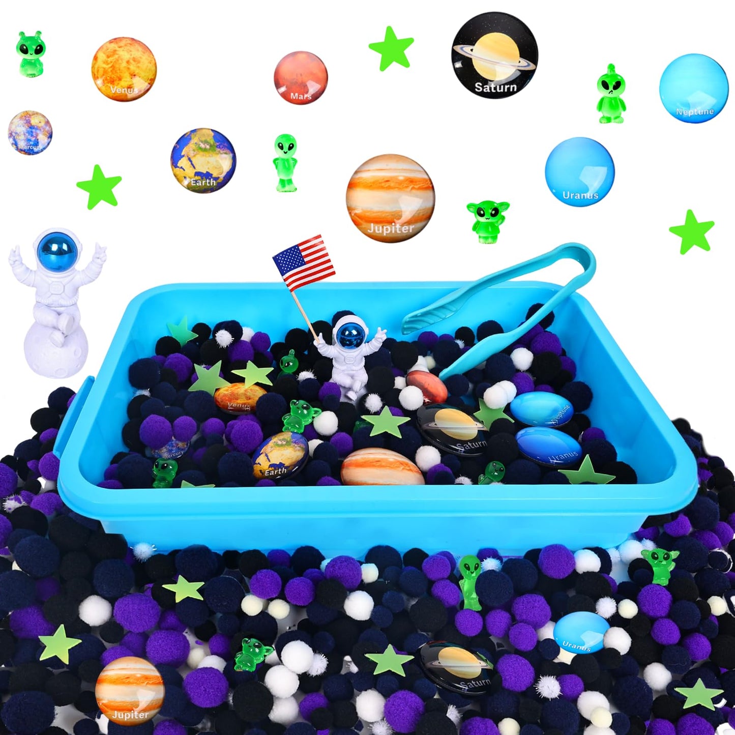 Losnakt Space Sensory Bin for Toddler, Science Themed with 8 Planets & Star Map, No-Mess Soft Pom Poms for Preschool Learning, Gifts for Boys Girls Age 3 4 5 6+