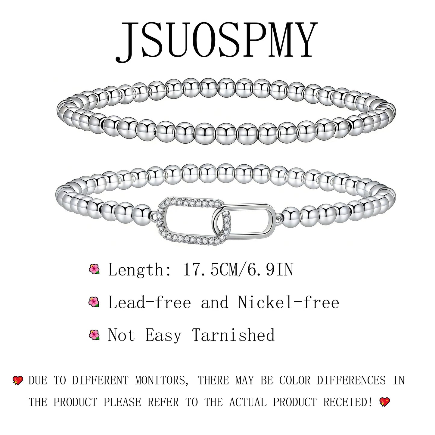 Silver Beaded Bracelets for Women 14K Silver Zirconia-square Bracelet Handmade Stackable Bracelets for Women Trendy Non Tarnish Bracelet Jewelry Gift for Womens 2Pcs (09.Zirconia-square+Beaded (Silver))