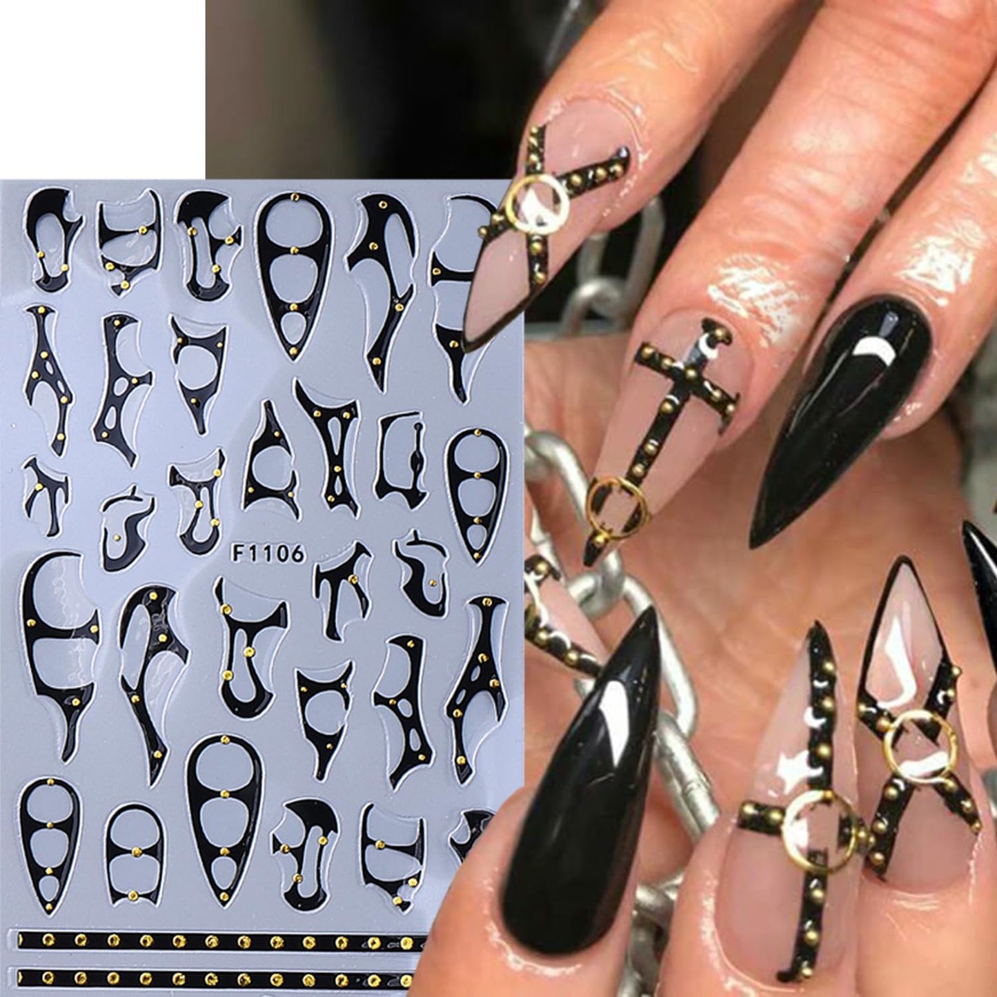 8 Sheets Goth Nail Stickers for Nail Art 3D Punk Style Black Belt Nail Art Stickers Gold Silver Flame Lines Nail Decals Self-Adhesive Centipede Pattern Irregular Geometric Lines Nail Design for Women