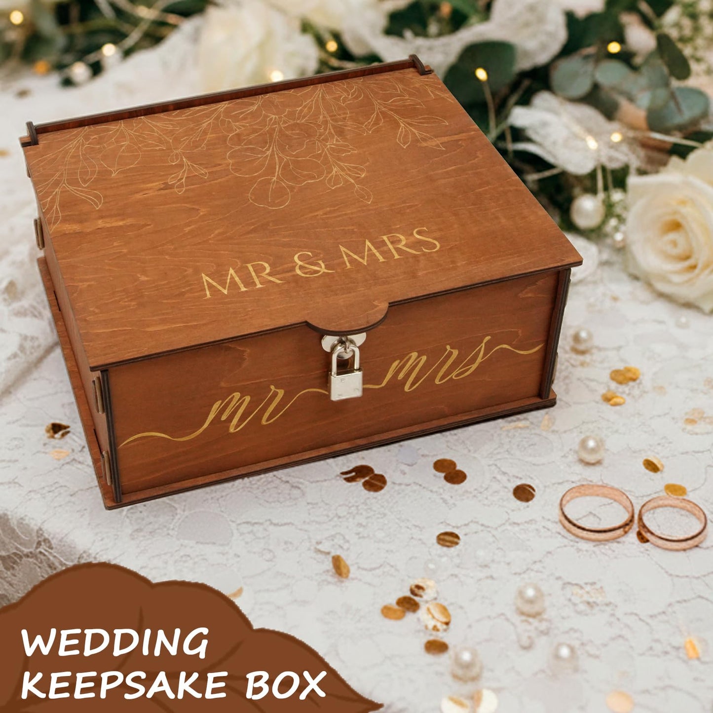 OurWarm Wedding Keepsake Box with Lock, Large Wooden Memory Box for Keepsakes, Wood Decorative Photo Storage Boxes with Lids, Mr and Mrs Personalized Anniversary Engagement Gifts for Couples