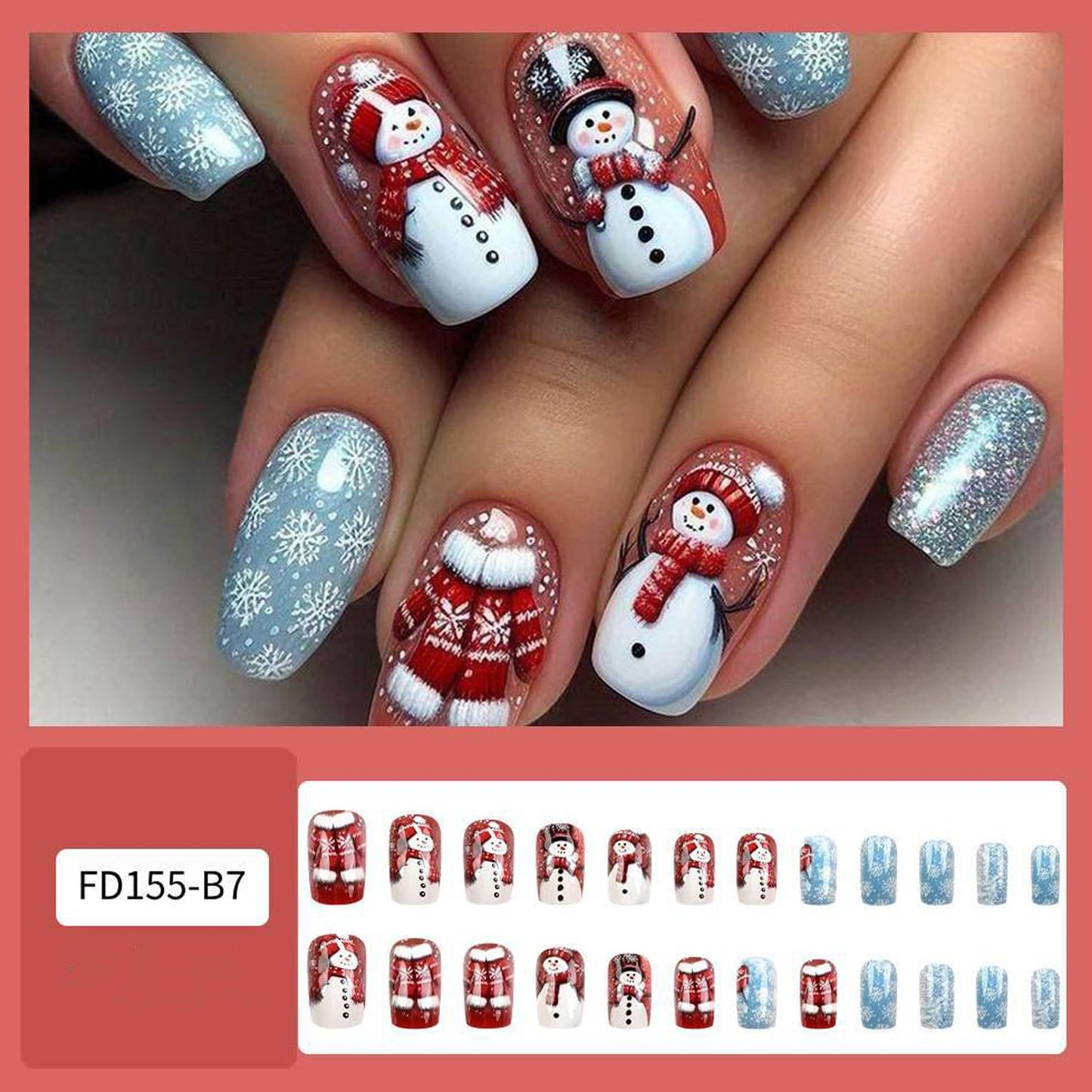 CJDLTS Winter Press on Nails Medium Square Artificial Acrylic False Nails Cute Snowman Snowflake with Glitter Stick on Nail Full Cover Christmas Artificial Fingernails for Women Festival Manicure