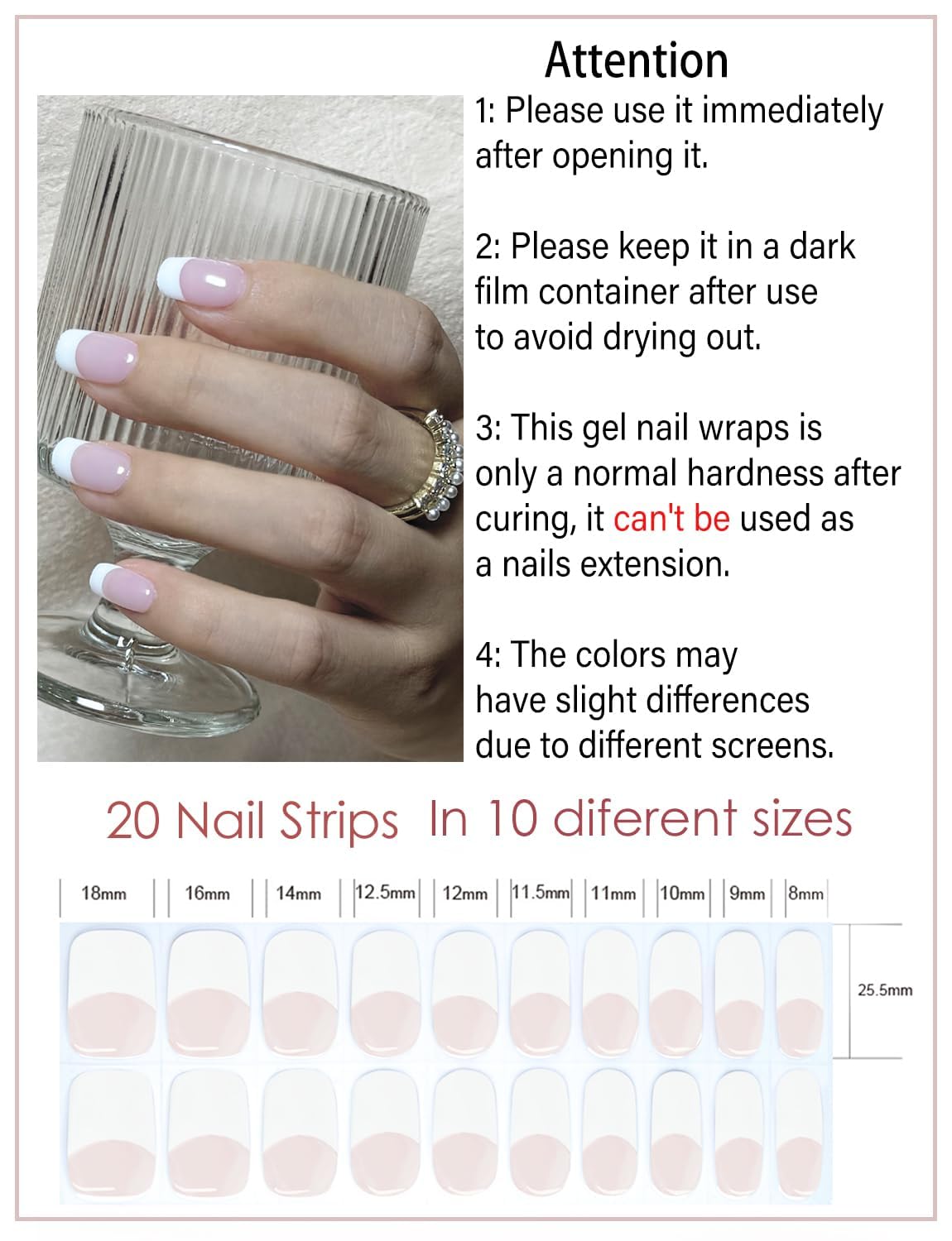 Semi Cured Gel Nail Strips, Classic French, Nude Base 20pcs Gel Nails Sticker for Home Nails DIY