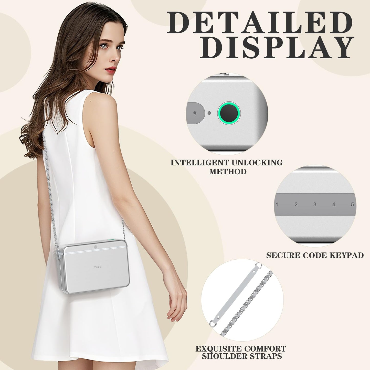 iDiskk Security Lock Box Shoulder Gift Bag for Women, Metal Lady Lock Crossbody Bag, Anti-Theft with Fingerprint and Password Unlocking, MFi Certification Compatible with Find My App (iOS Only)