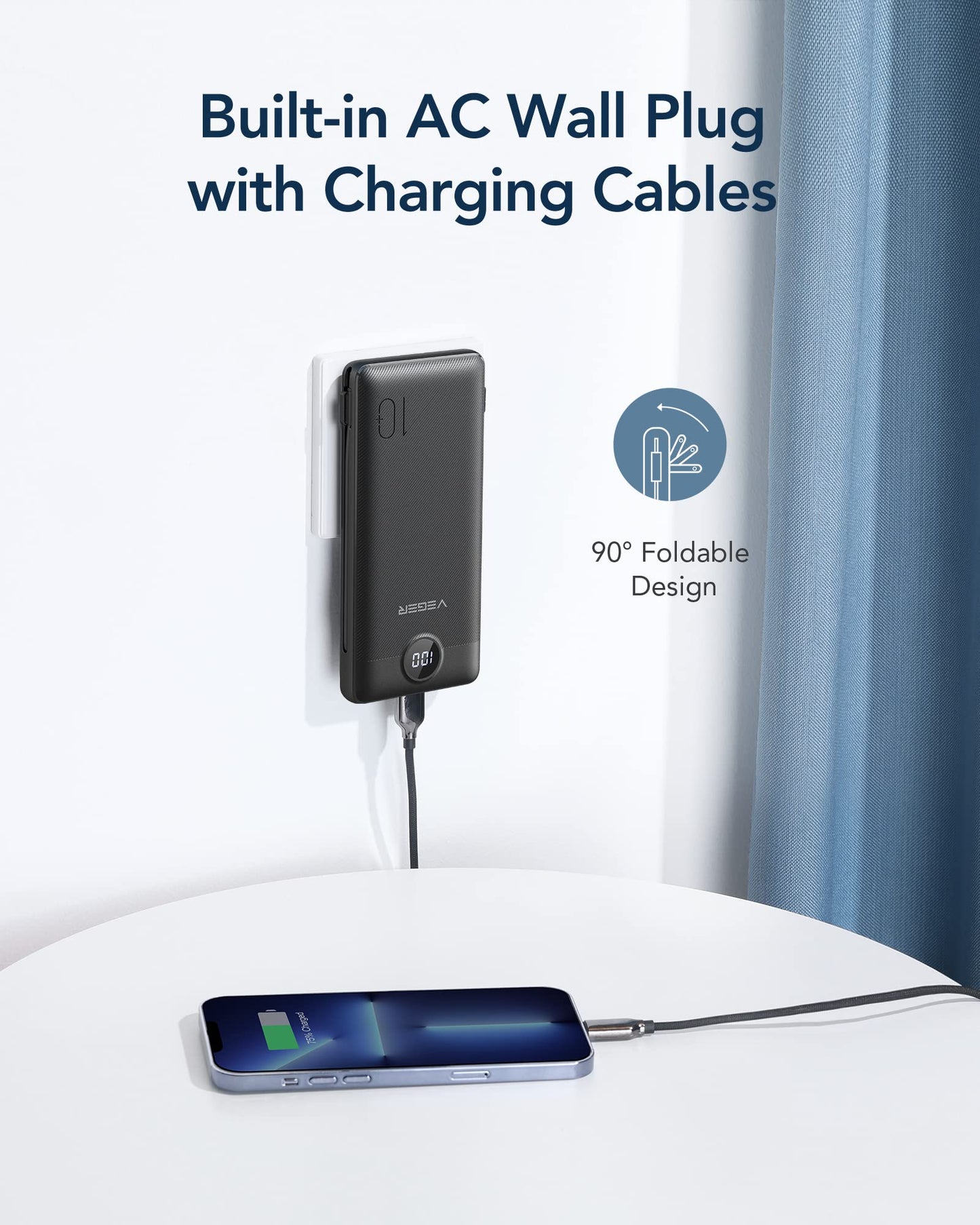 VEGER Portable Charger with Built-in AC Plug and Cables, All in One 10000mAh Ultra Slim Power Bank Travel Essentials, Fast Charging Battery Pack Compatible with iPhone, Samsung, Android (Black)