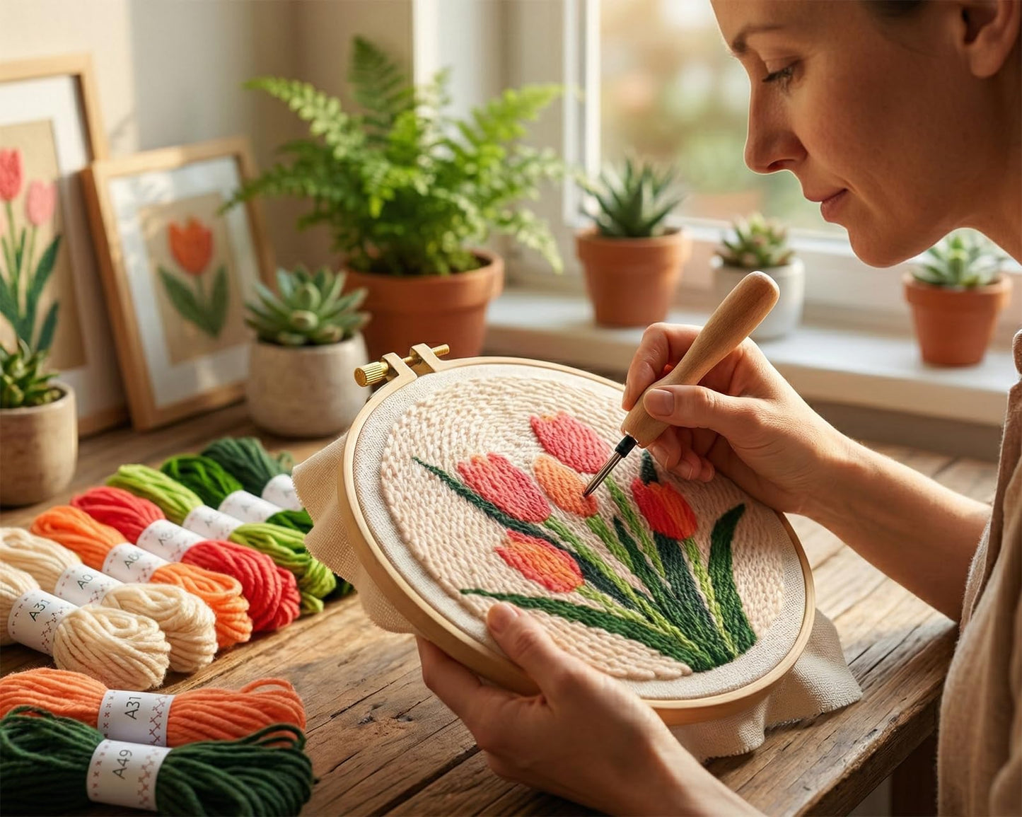 DS. DISTINCTIVE STYLE 2Pcs Embroidery Kits for Beginners,DIY Embroidery Starter Kit,Beginner Cross Stitch Kits for Adults with Instructions,Pattern,Yarns,Hoops,Threader Tools (Sunflowers&Tulips)