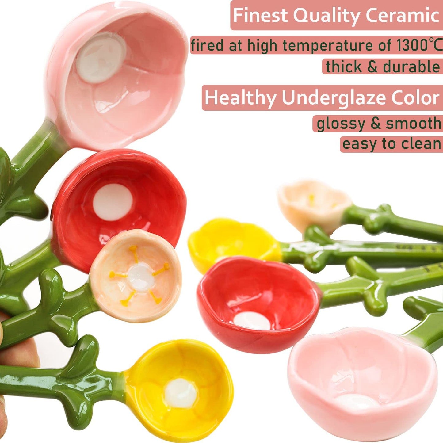 Flower Measuring Spoons Set in Pot Unique Baking Gifts Ceramic Cute Measuring Cups and Spoons with Holder for Dry Wet Ingredients Dishwasher Safe Pink