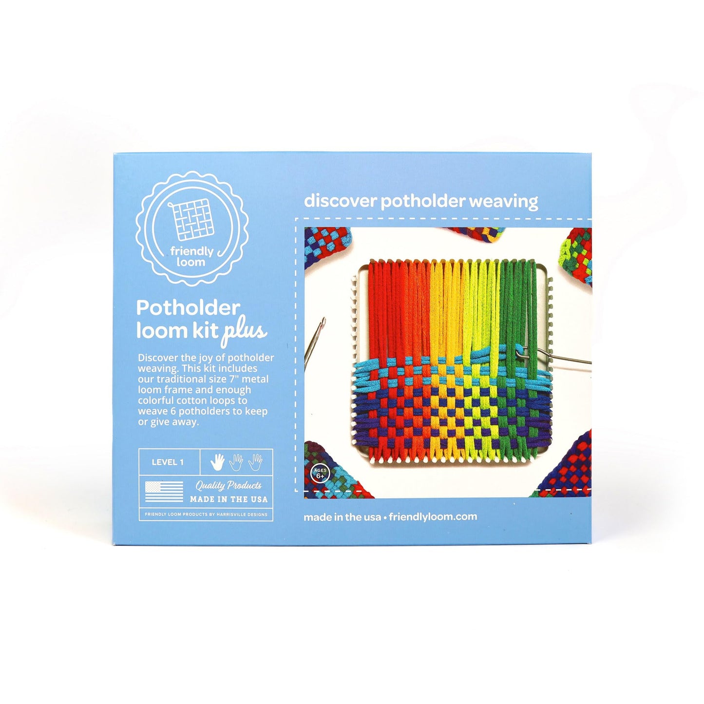 Friendly Loom 7” Traditional Potholder Loom Plus Weaving Kit | Sturdy Metal Loom and Quality Cotton Weaving Loops in Rainbow Colors | Complete Kit to Weave 6 Functional Potholders | Made in the USA