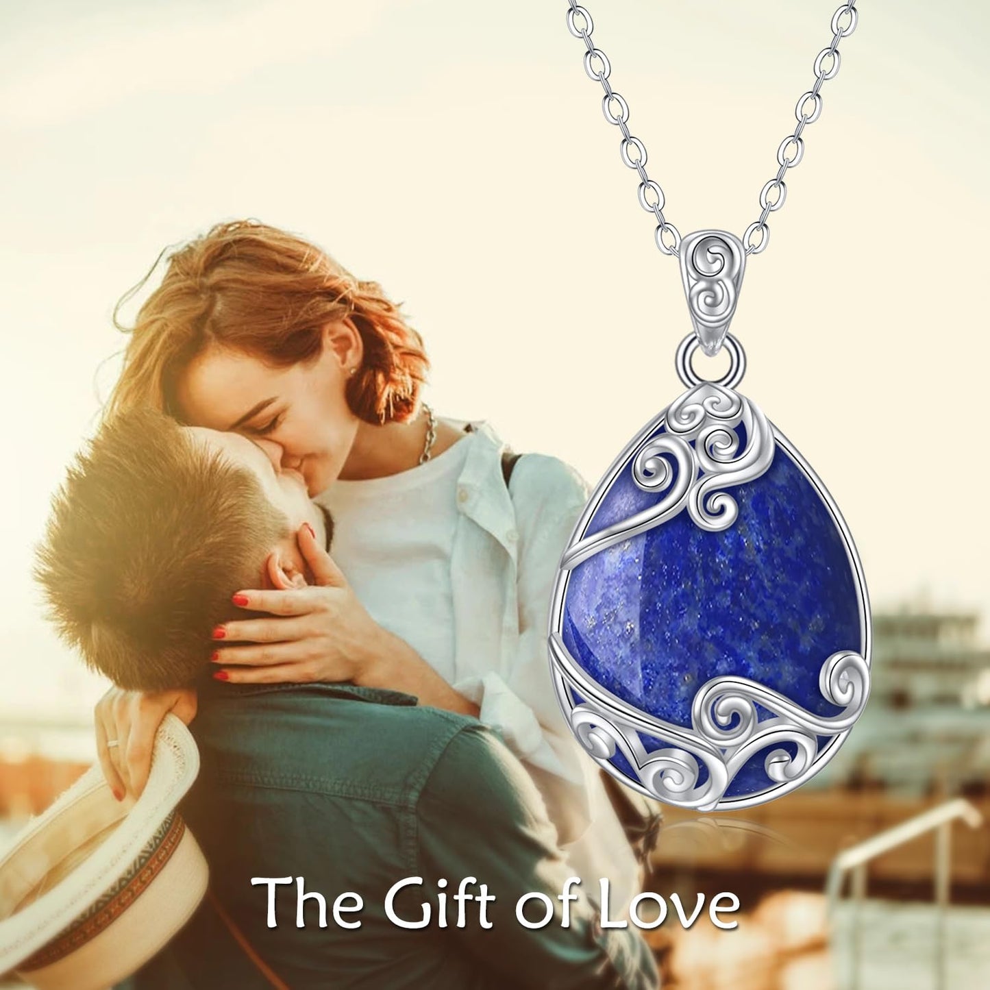 YAFEINI 925 Sterling Silver Lapis Lazuli Necklace Filigree Teardrop Pendant Necklace Jewellery for Women (P-Lapis Lazuli)