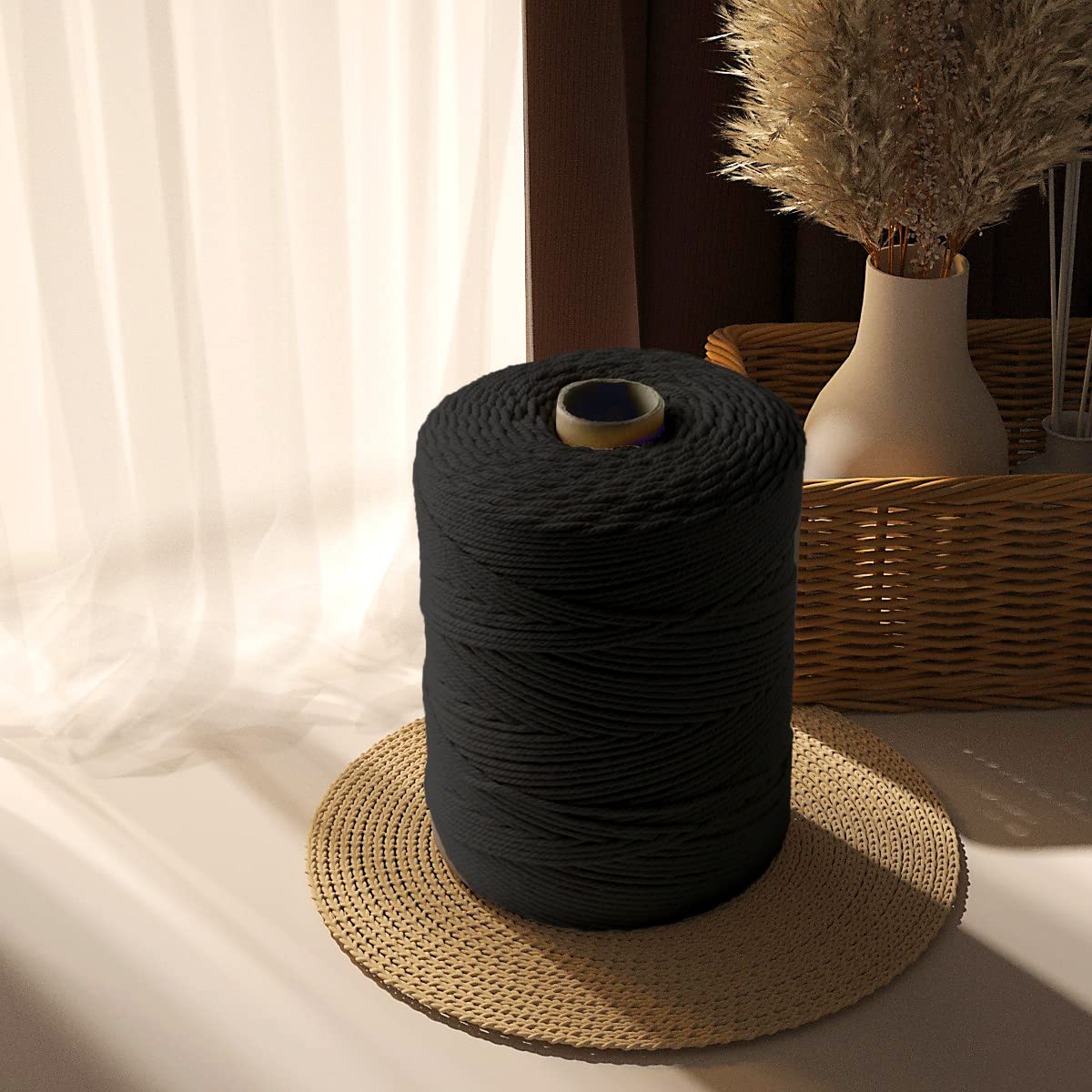 Macrame Cotton Cord 3mm x 547yds, ZUEXT Natural Handmade Black Braided Cords 4 Strands Knitted Rope String for Craft Wall Hanging Weaving Tapestry Dream Catchers Hanger DIY Gift (500m)